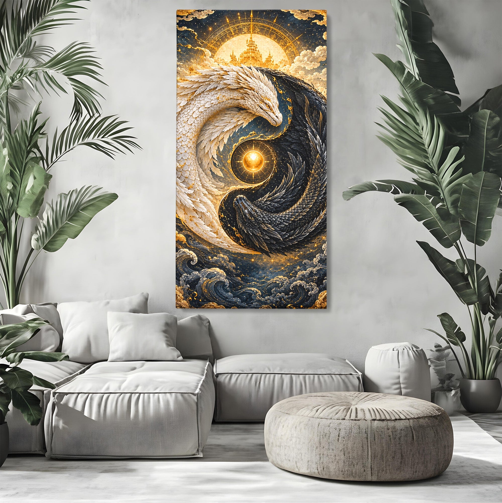 Tablou Canvas Premium LuxCanva® U1196, Dragonul Yin Si Yang, Mitologie, Echilibru, Fantezie, Dormitor, Dragon, Culori Vibrante