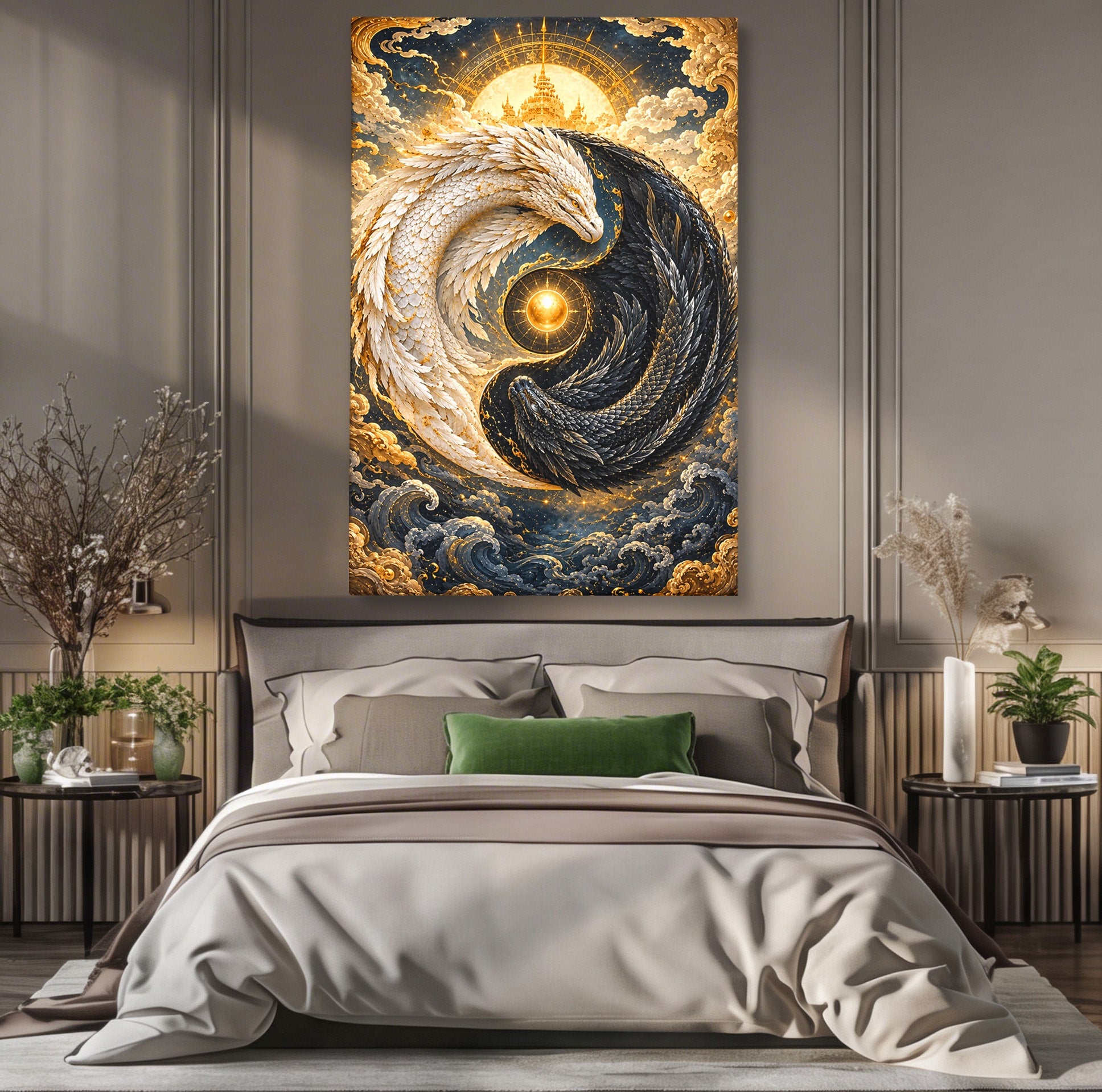 Tablou Canvas Premium LuxCanva® U1196, Dragonul Yin Si Yang, Mitologie, Echilibru, Fantezie, Dormitor, Dragon, Culori Vibrante