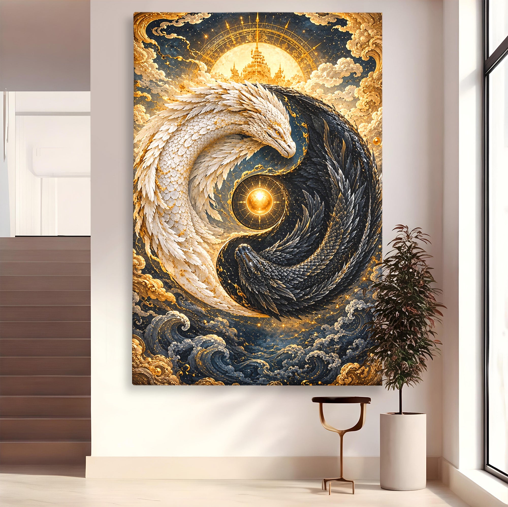 Tablou Canvas Premium LuxCanva® U1196, Dragonul Yin Si Yang, Mitologie, Echilibru, Fantezie, Dormitor, Dragon, Culori Vibrante