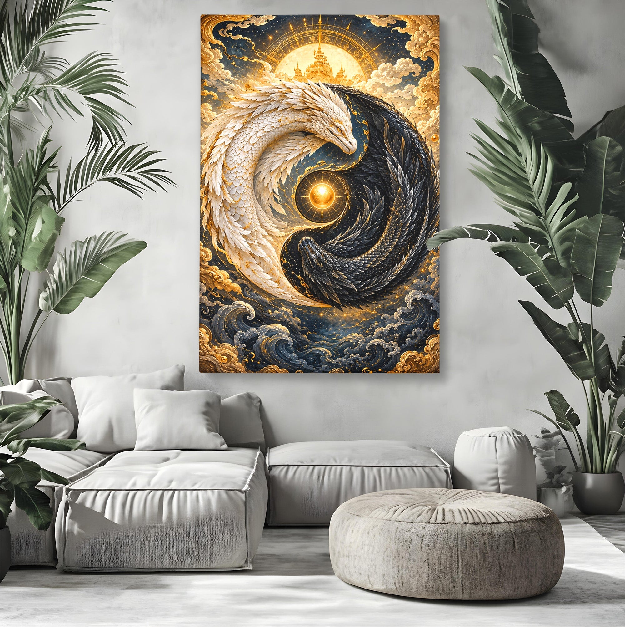Tablou Canvas Premium LuxCanva® U1196, Dragonul Yin Si Yang, Mitologie, Echilibru, Fantezie, Dormitor, Dragon, Culori Vibrante