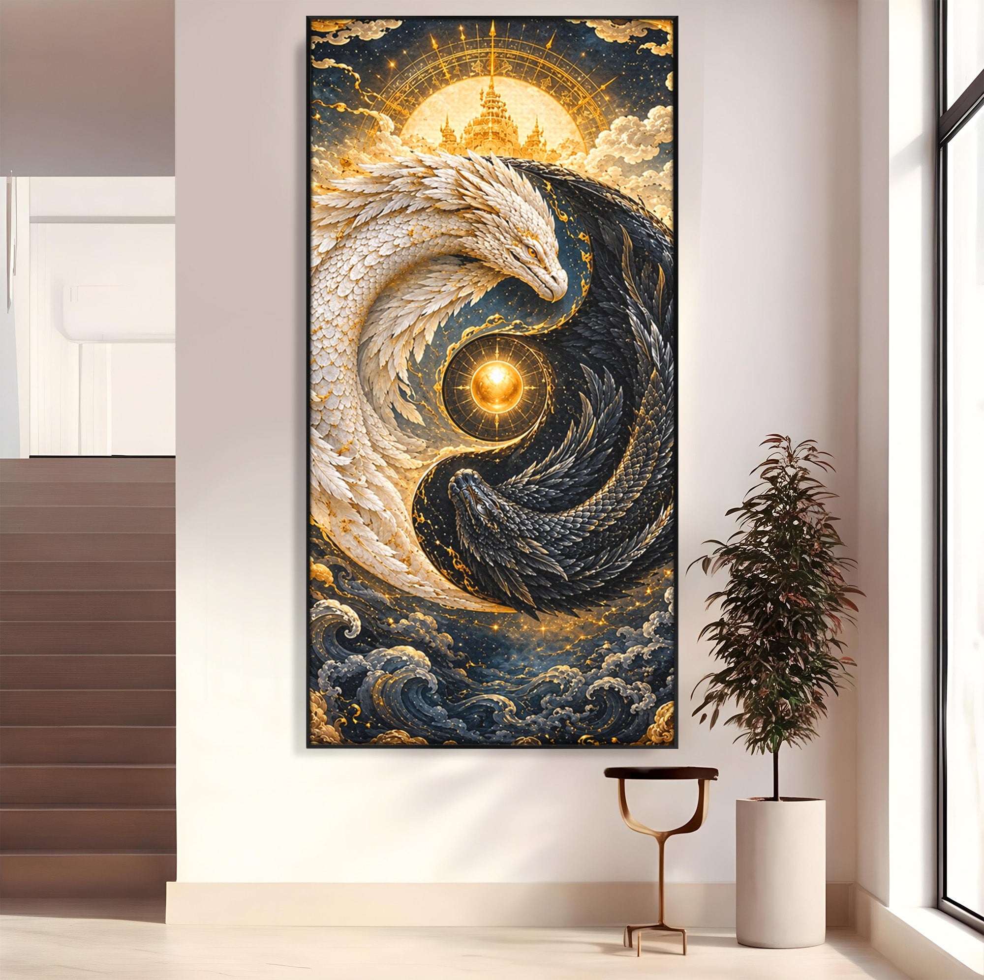 Tablou Canvas Premium LuxCanva® U1196, Dragonul Yin Si Yang, Mitologie, Echilibru, Fantezie, Dormitor, Dragon, Culori Vibrante