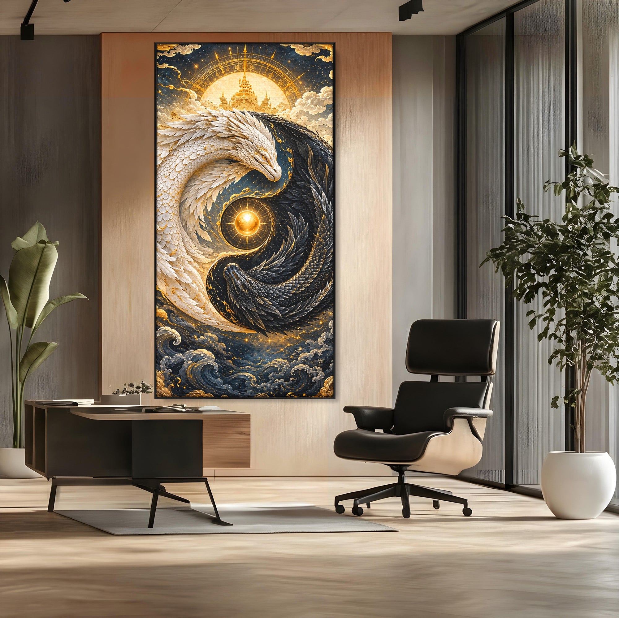 Tablou Canvas Premium LuxCanva® U1196, Dragonul Yin Si Yang, Mitologie, Echilibru, Fantezie, Dormitor, Dragon, Culori Vibrante