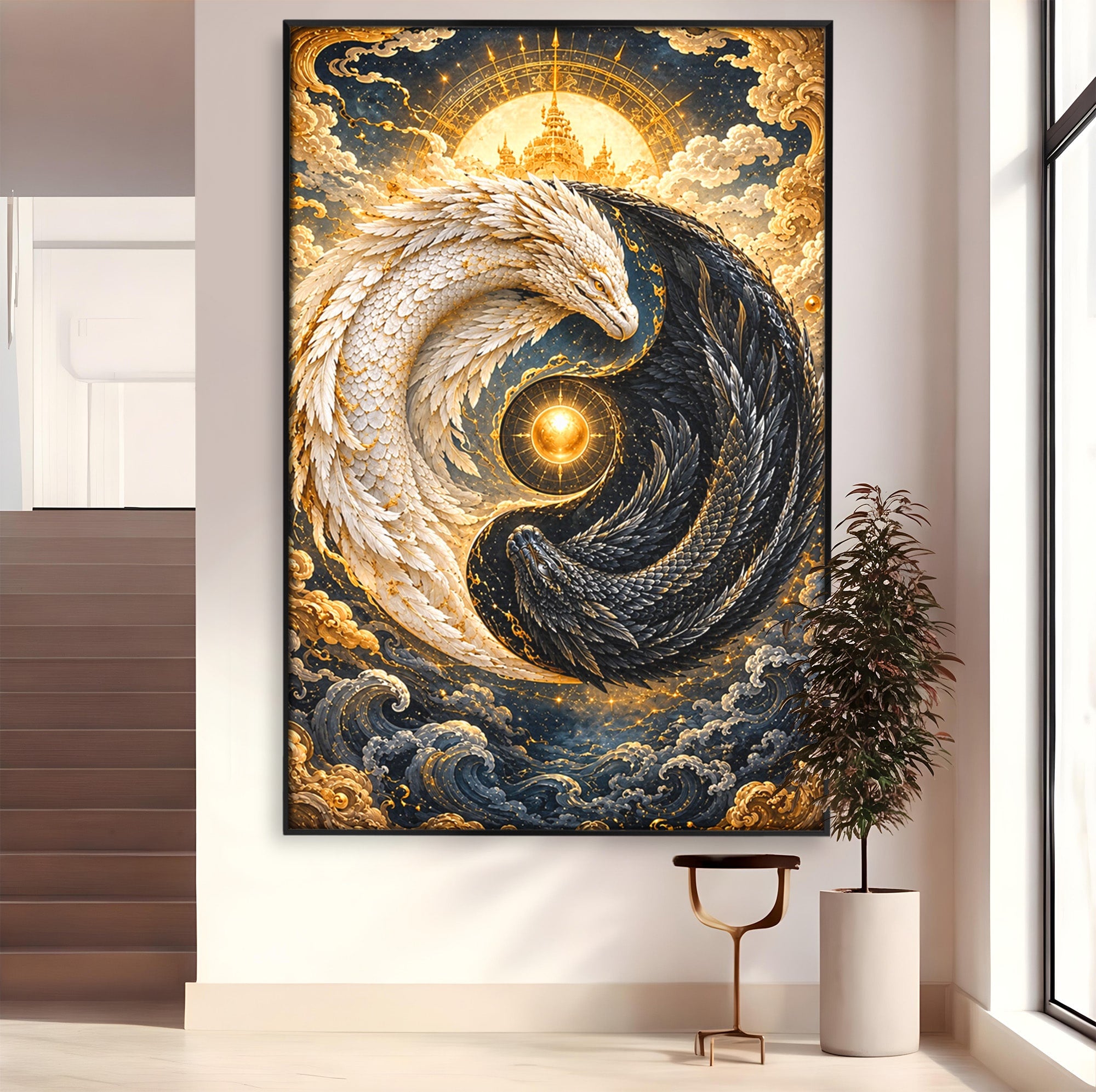 Tablou Canvas Premium LuxCanva® U1196, Dragonul Yin Si Yang, Mitologie, Echilibru, Fantezie, Dormitor, Dragon, Culori Vibrante