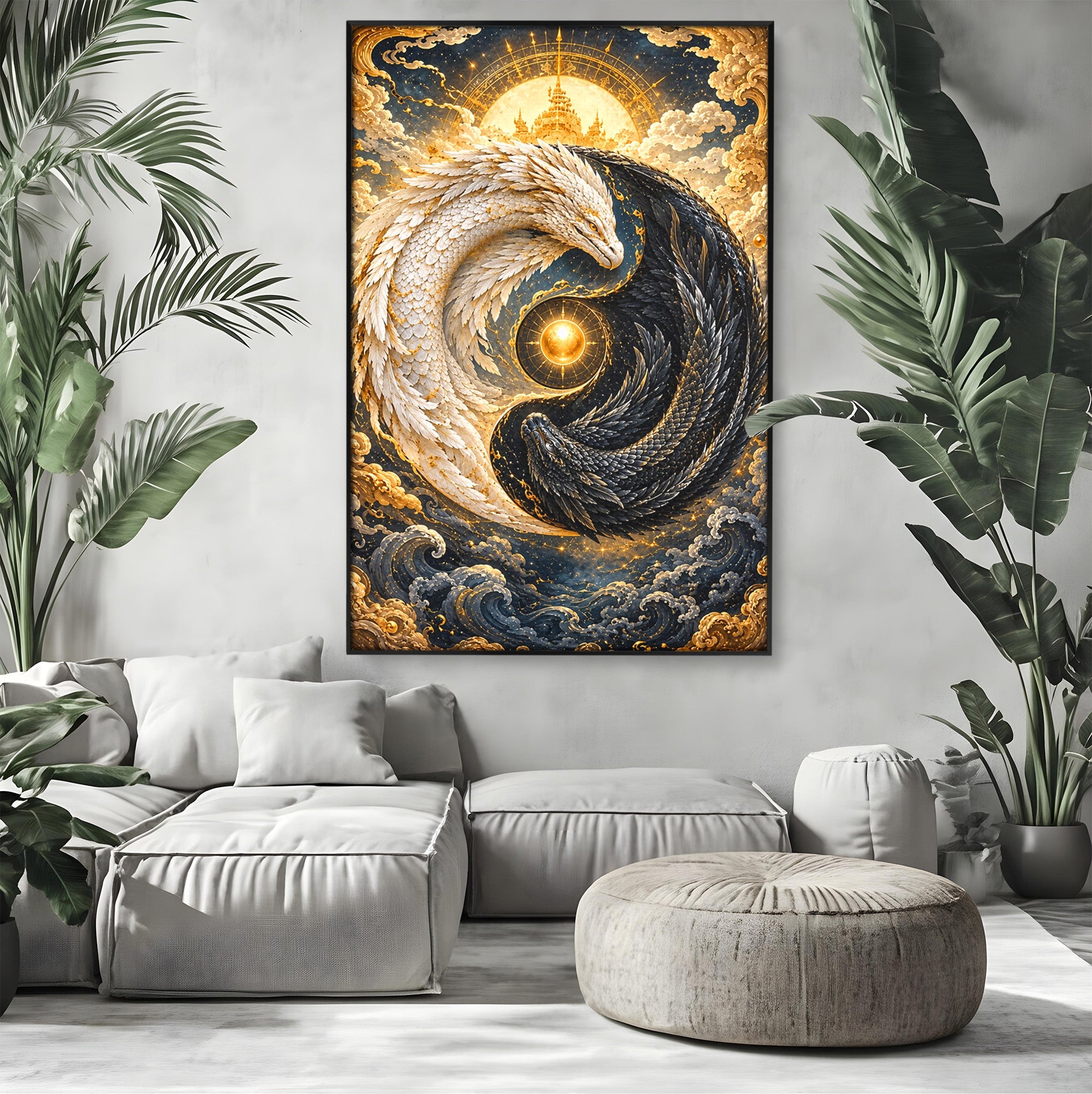 Tablou Canvas Premium LuxCanva® U1196, Dragonul Yin Si Yang, Mitologie, Echilibru, Fantezie, Dormitor, Dragon, Culori Vibrante