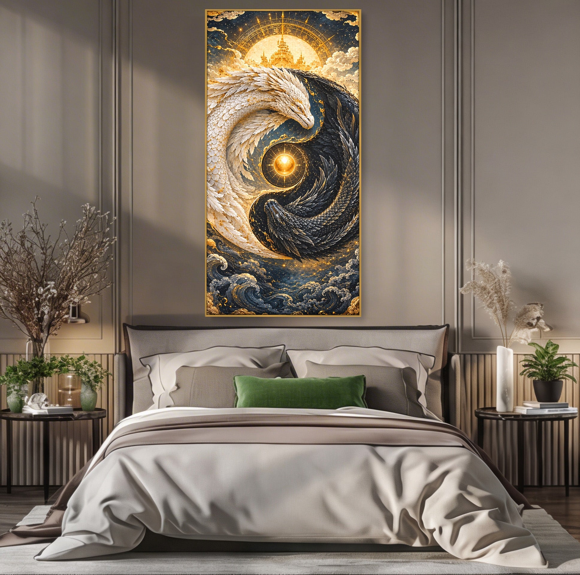 Tablou Canvas Premium LuxCanva® U1196, Dragonul Yin Si Yang, Mitologie, Echilibru, Fantezie, Dormitor, Dragon, Culori Vibrante