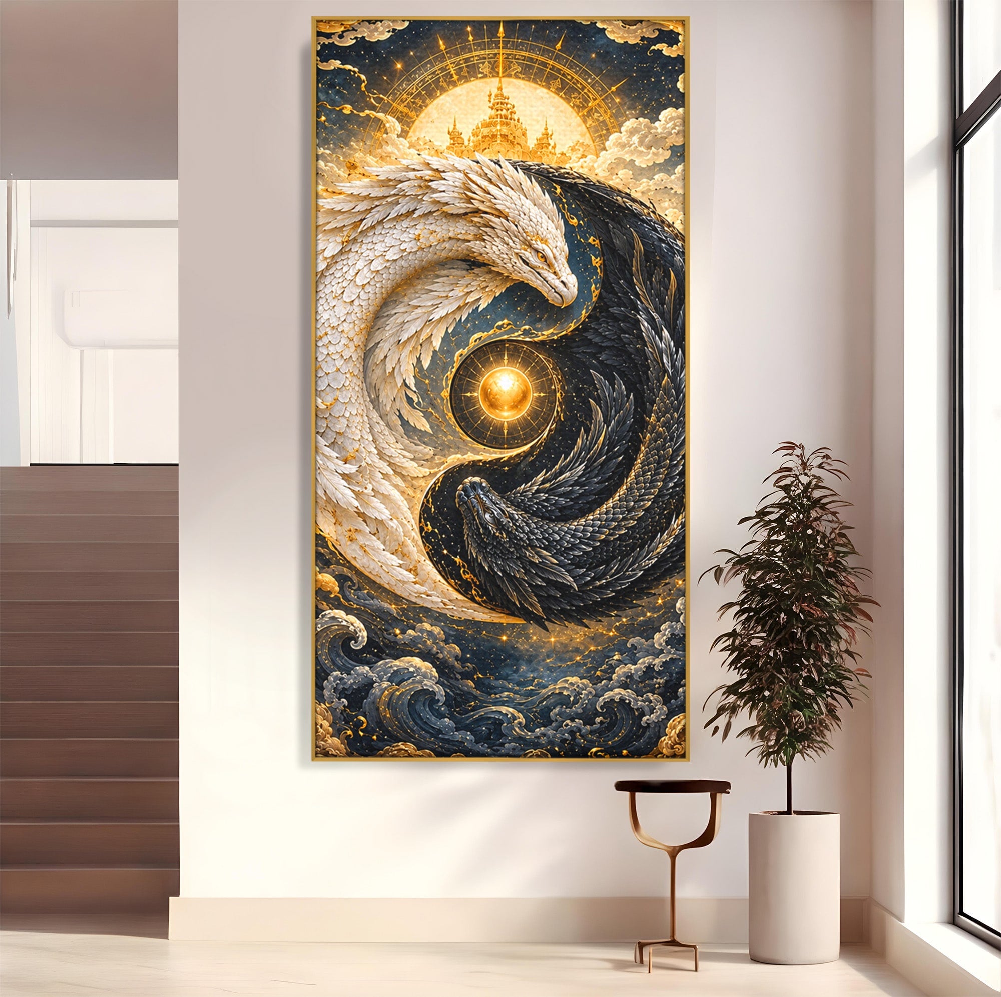 Tablou Canvas Premium LuxCanva® U1196, Dragonul Yin Si Yang, Mitologie, Echilibru, Fantezie, Dormitor, Dragon, Culori Vibrante