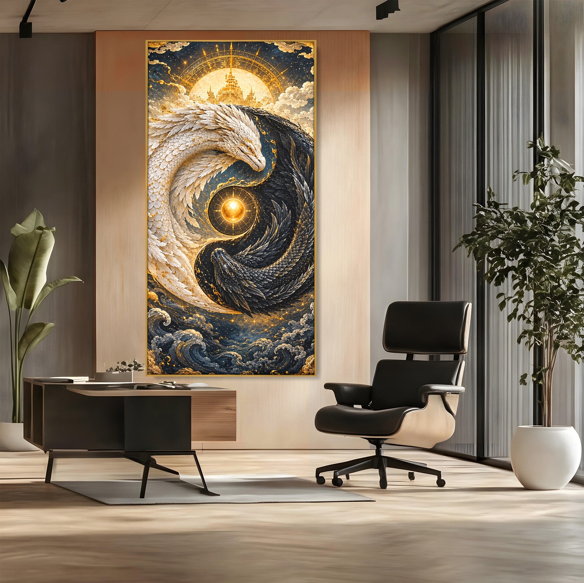 Tablou Canvas Premium LuxCanva® U1196, Dragonul Yin Si Yang, Mitologie, Echilibru, Fantezie, Dormitor, Dragon, Culori Vibrante