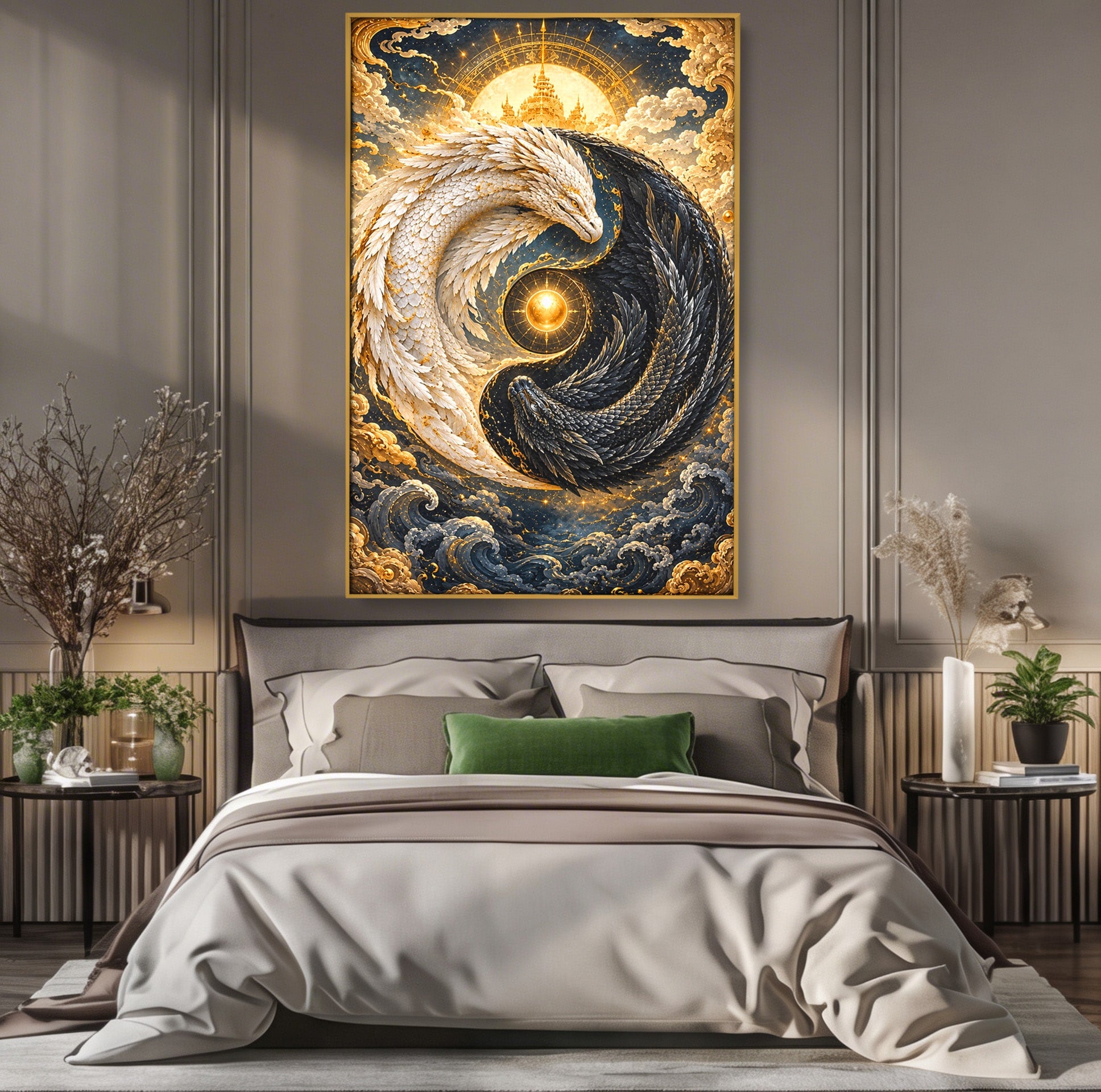 Tablou Canvas Premium LuxCanva® U1196, Dragonul Yin Si Yang, Mitologie, Echilibru, Fantezie, Dormitor, Dragon, Culori Vibrante