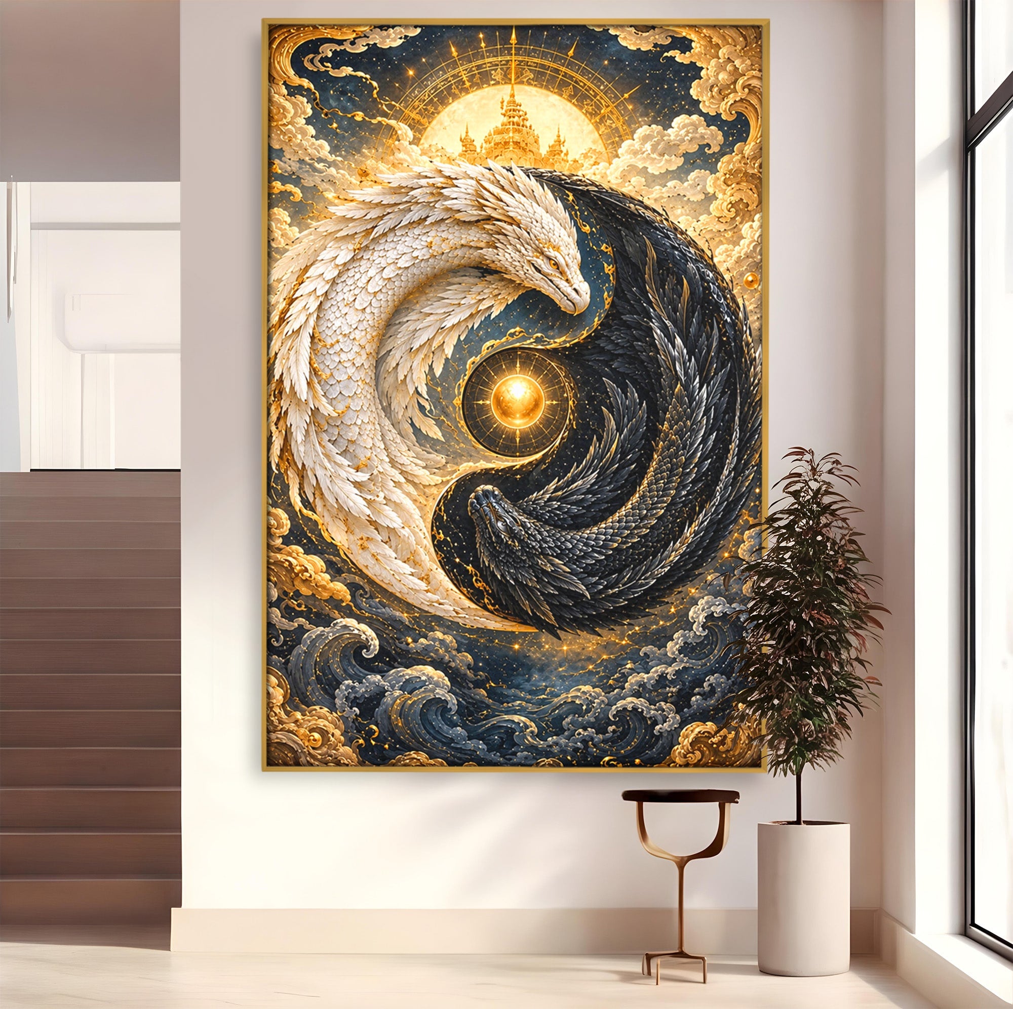 Tablou Canvas Premium LuxCanva® U1196, Dragonul Yin Si Yang, Mitologie, Echilibru, Fantezie, Dormitor, Dragon, Culori Vibrante