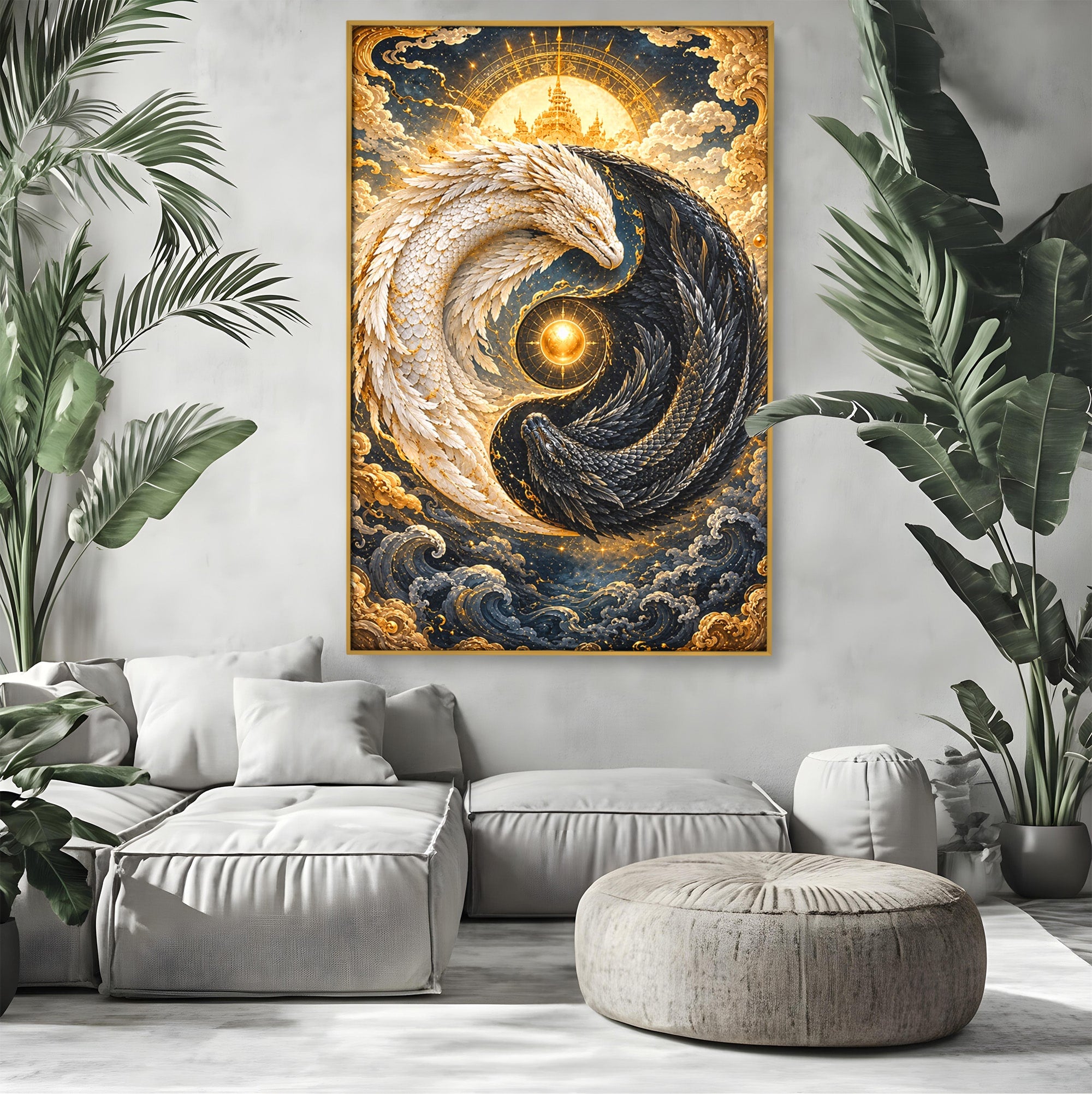 Tablou Canvas Premium LuxCanva® U1196, Dragonul Yin Si Yang, Mitologie, Echilibru, Fantezie, Dormitor, Dragon, Culori Vibrante