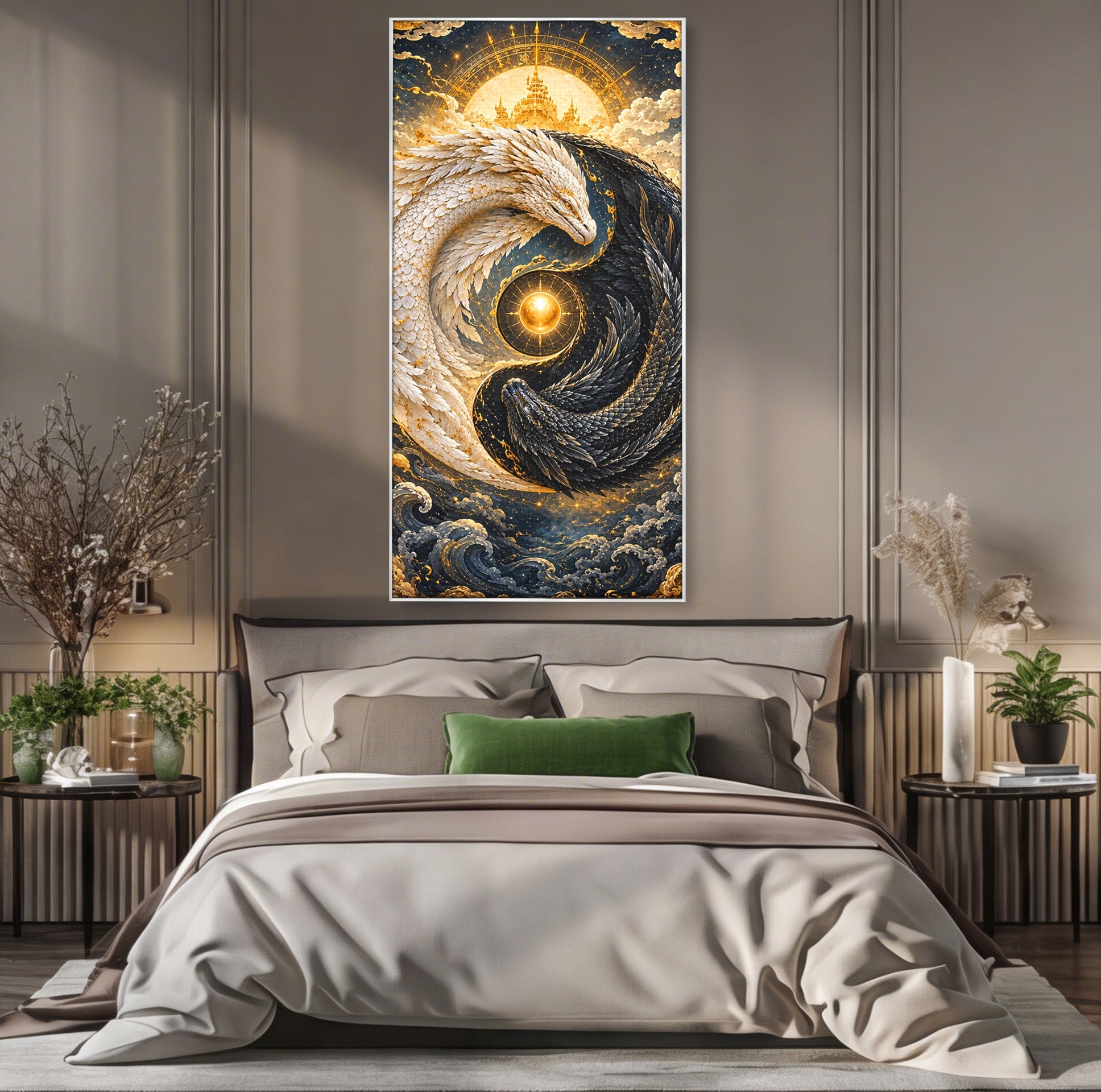 Tablou Canvas Premium LuxCanva® U1196, Dragonul Yin Si Yang, Mitologie, Echilibru, Fantezie, Dormitor, Dragon, Culori Vibrante