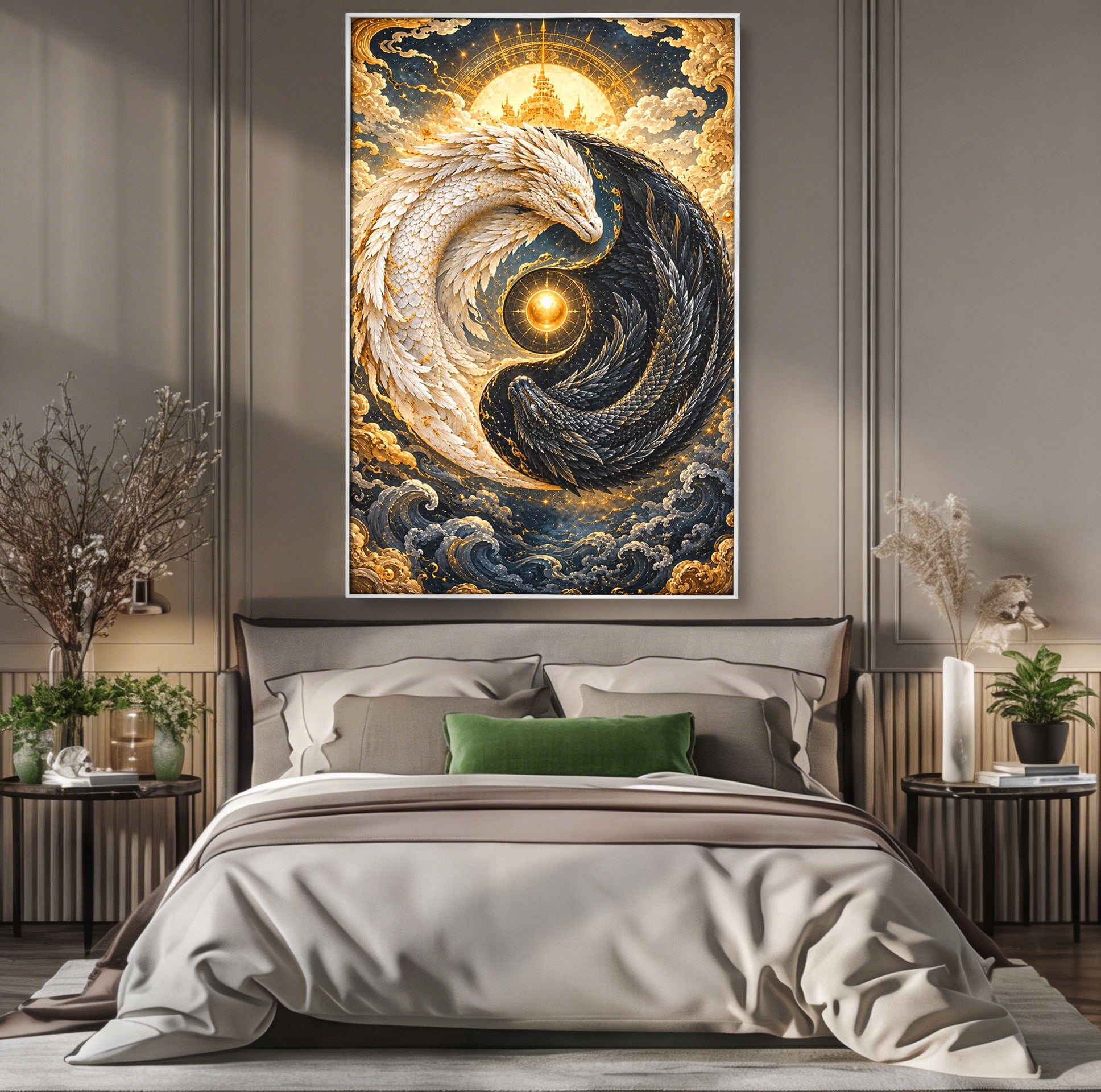 Tablou Canvas Premium LuxCanva® U1196, Dragonul Yin Si Yang, Mitologie, Echilibru, Fantezie, Dormitor, Dragon, Culori Vibrante
