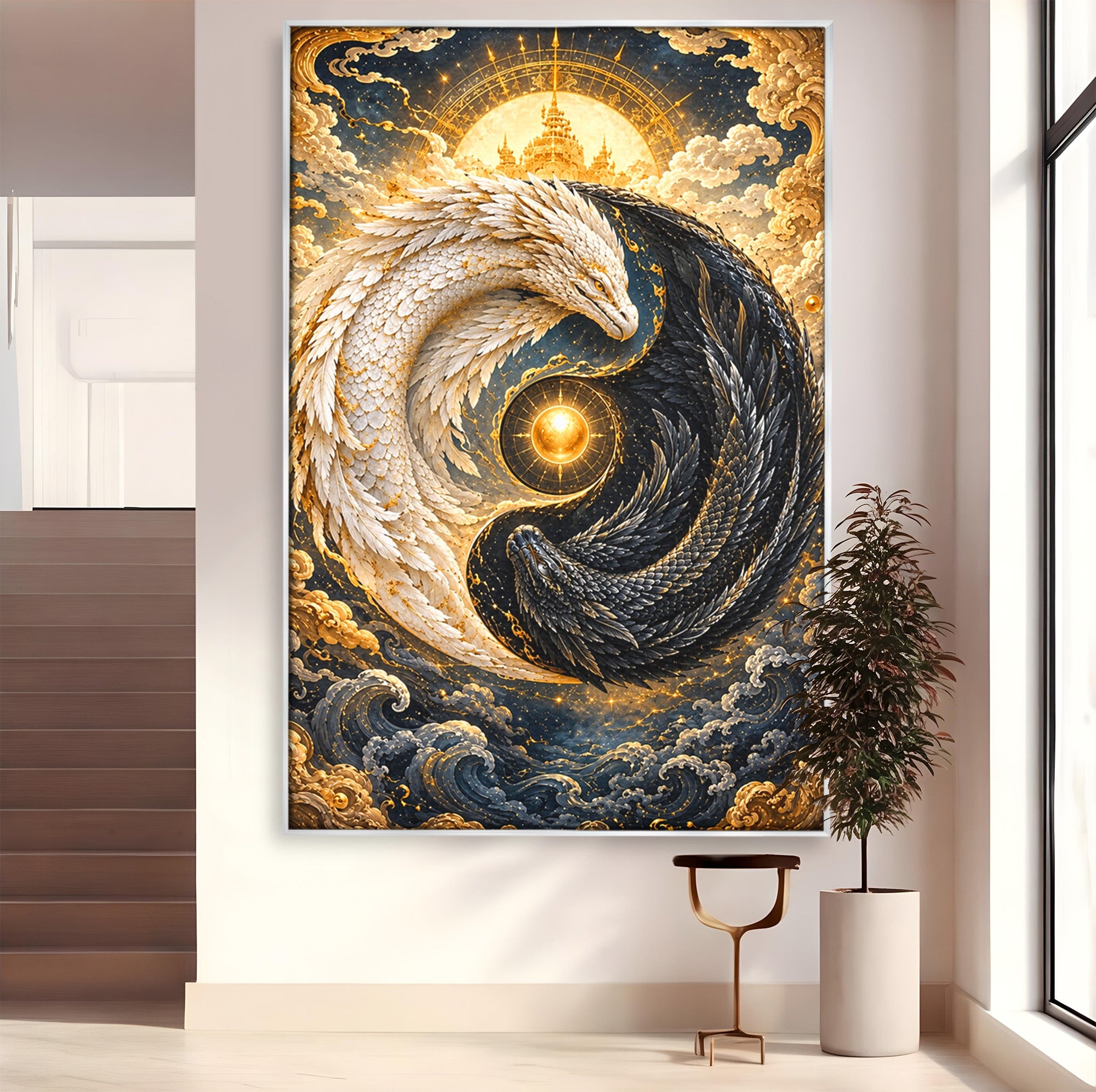 Tablou Canvas Premium LuxCanva® U1196, Dragonul Yin Si Yang, Mitologie, Echilibru, Fantezie, Dormitor, Dragon, Culori Vibrante
