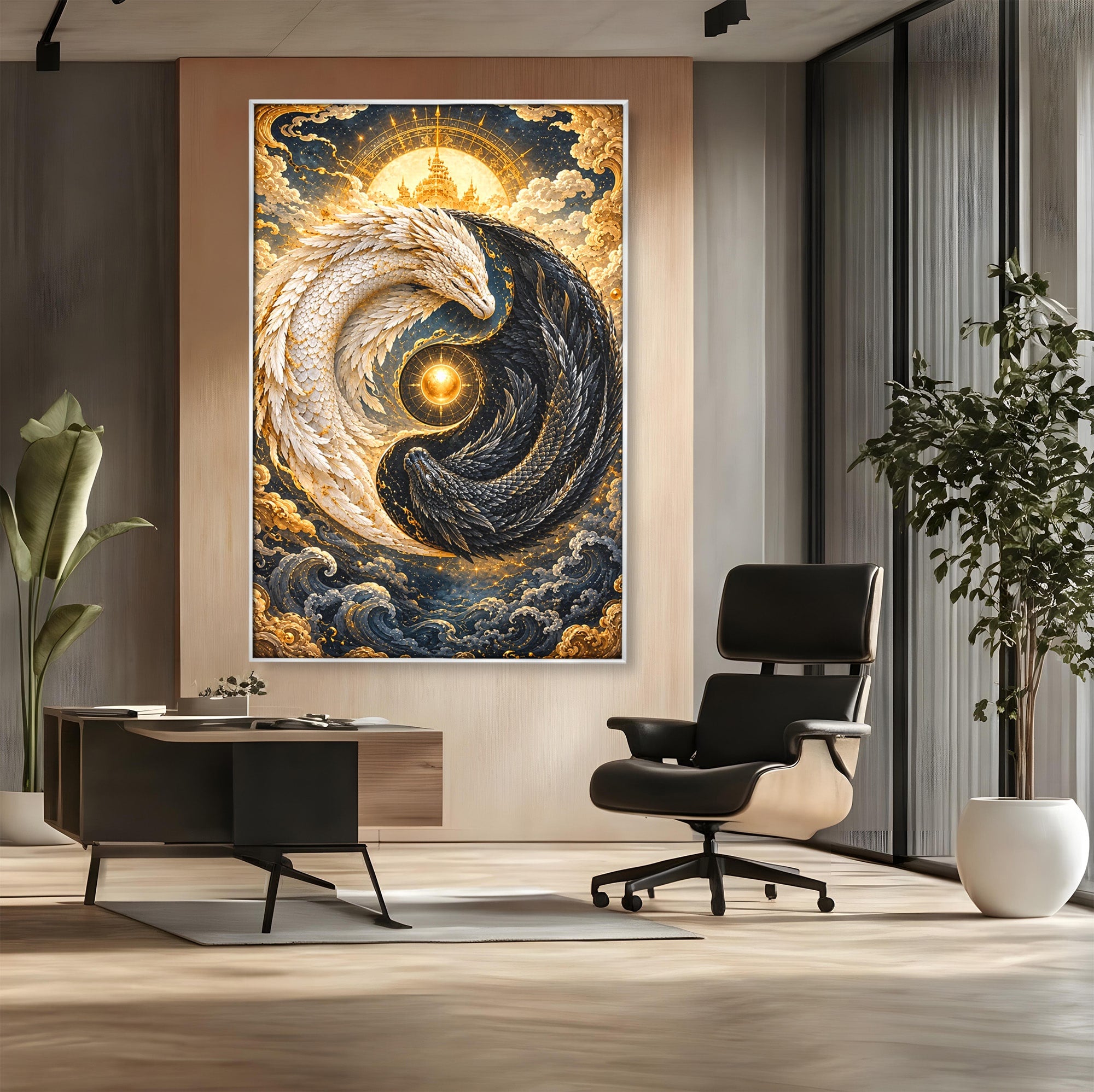 Tablou Canvas Premium LuxCanva® U1196, Dragonul Yin Si Yang, Mitologie, Echilibru, Fantezie, Dormitor, Dragon, Culori Vibrante