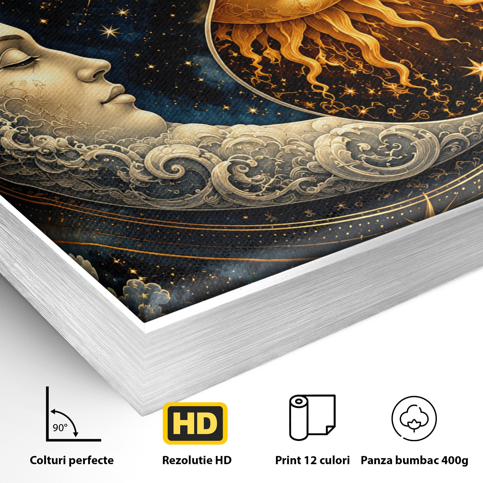 Tablou Canvas Premium LuxCanva® U1197, Dansul Astral, Soare, Luna, Cosmos, Astrologie, Dormitor, Living, Culori Vibrante