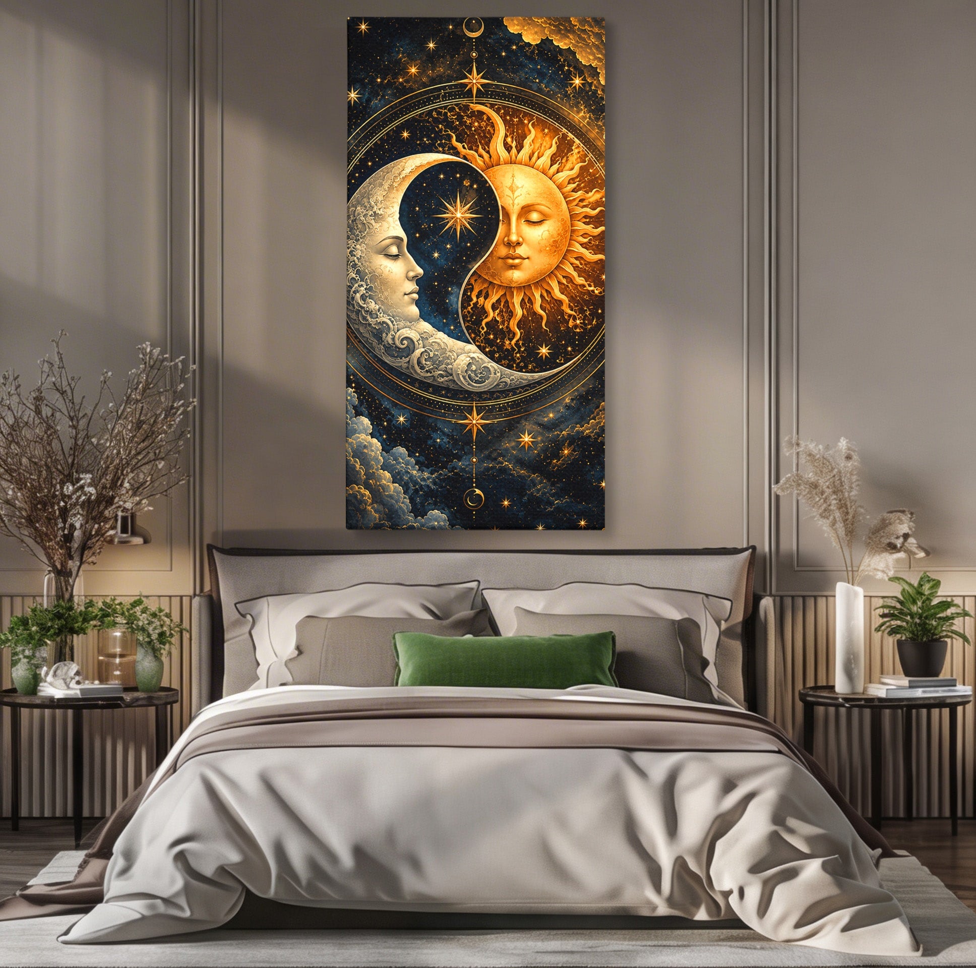 Tablou Canvas Premium LuxCanva® U1197, Dansul Astral, Soare, Luna, Cosmos, Astrologie, Dormitor, Living, Culori Vibrante