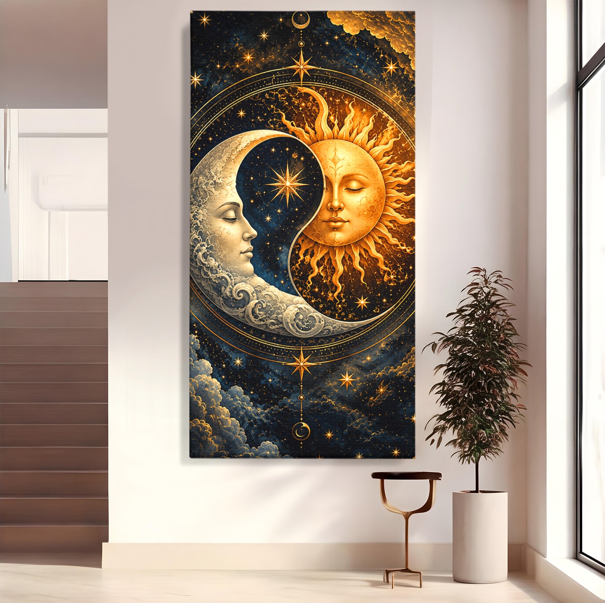 Tablou Canvas Premium LuxCanva® U1197, Dansul Astral, Soare, Luna, Cosmos, Astrologie, Dormitor, Living, Culori Vibrante