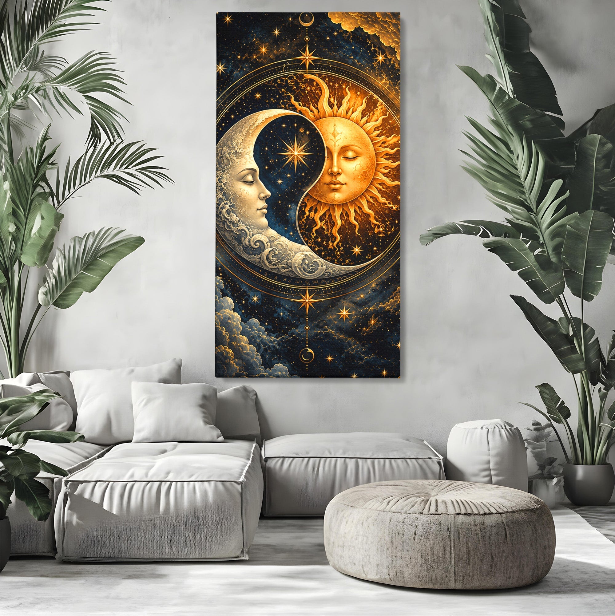 Tablou Canvas Premium LuxCanva® U1197, Dansul Astral, Soare, Luna, Cosmos, Astrologie, Dormitor, Living, Culori Vibrante