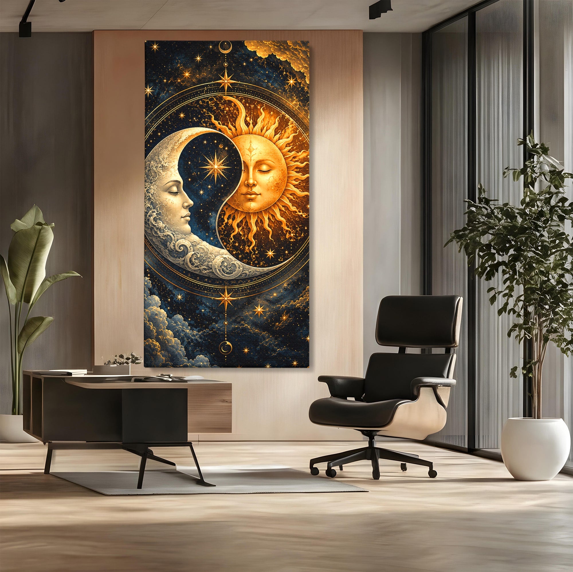 Tablou Canvas Premium LuxCanva® U1197, Dansul Astral, Soare, Luna, Cosmos, Astrologie, Dormitor, Living, Culori Vibrante