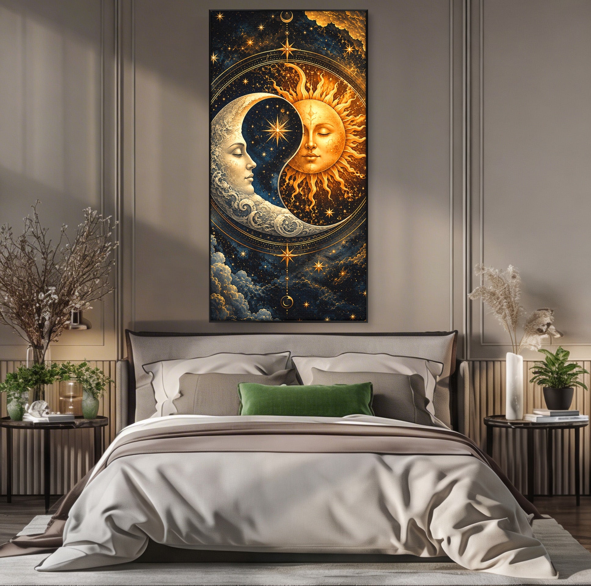 Tablou Canvas Premium LuxCanva® U1197, Dansul Astral, Soare, Luna, Cosmos, Astrologie, Dormitor, Living, Culori Vibrante