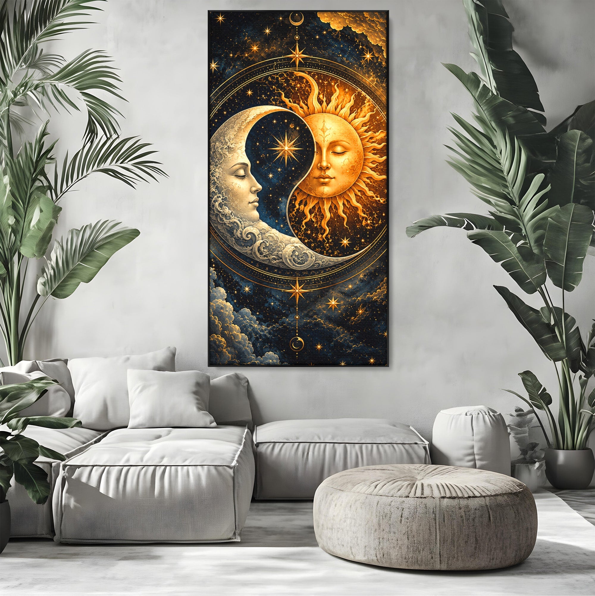 Tablou Canvas Premium LuxCanva® U1197, Dansul Astral, Soare, Luna, Cosmos, Astrologie, Dormitor, Living, Culori Vibrante