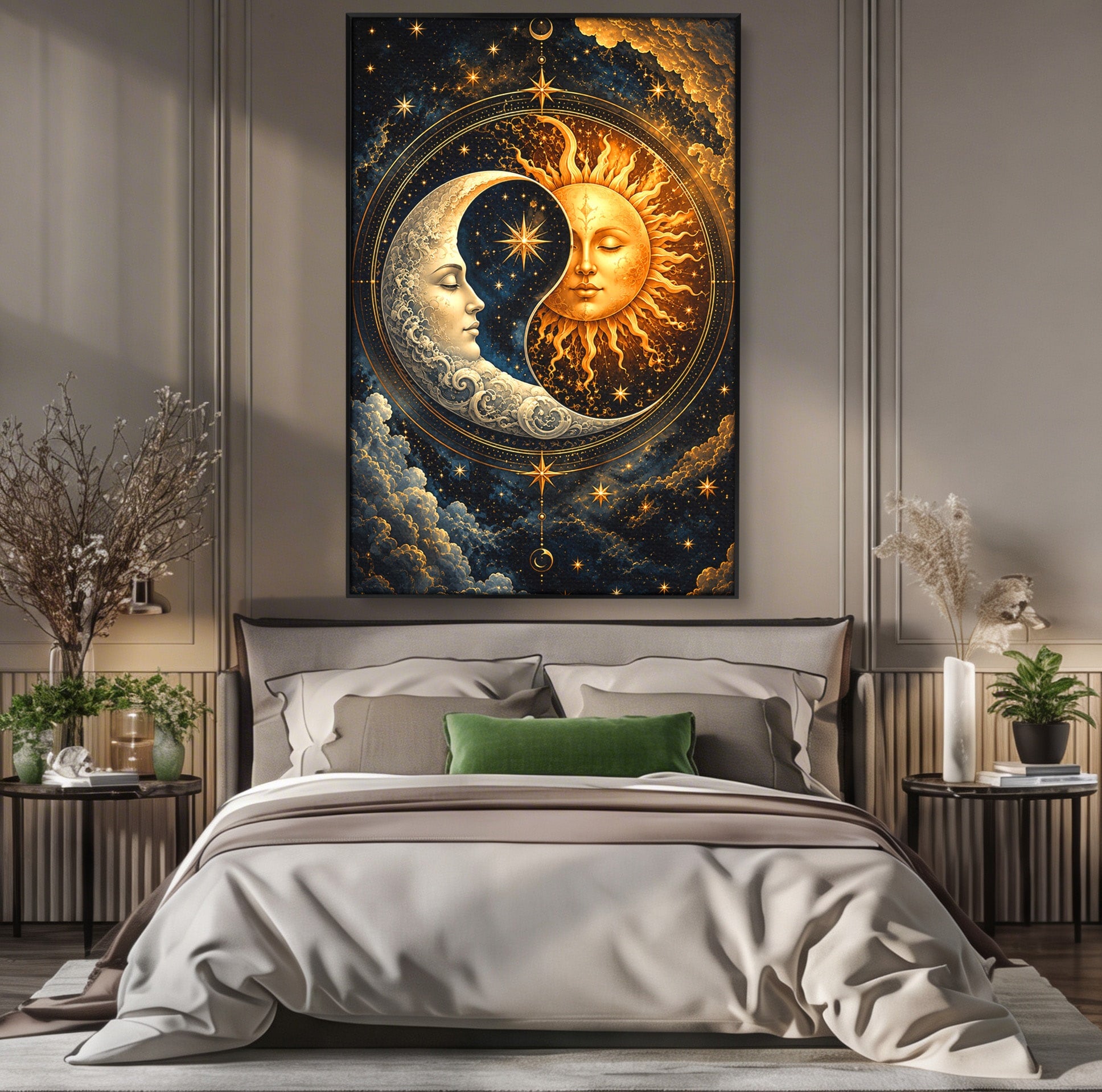 Tablou Canvas Premium LuxCanva® U1197, Dansul Astral, Soare, Luna, Cosmos, Astrologie, Dormitor, Living, Culori Vibrante