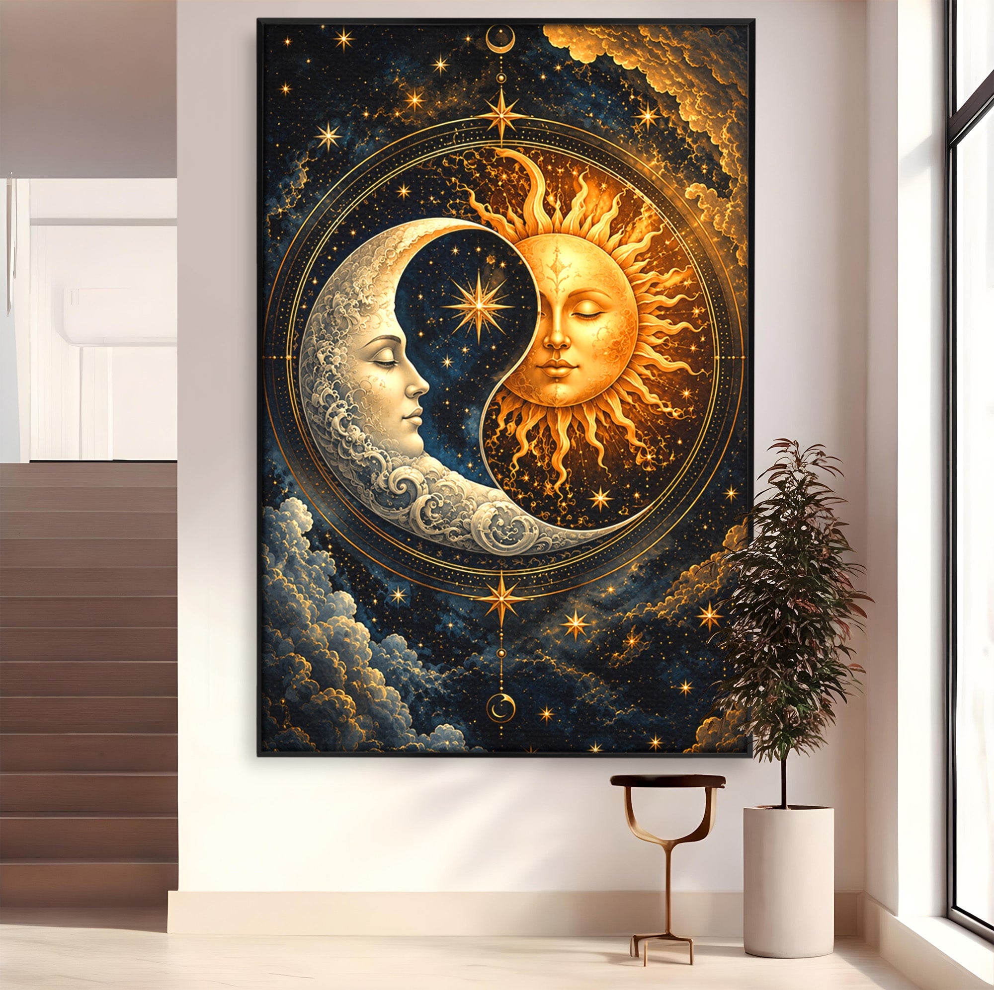Tablou Canvas Premium LuxCanva® U1197, Dansul Astral, Soare, Luna, Cosmos, Astrologie, Dormitor, Living, Culori Vibrante