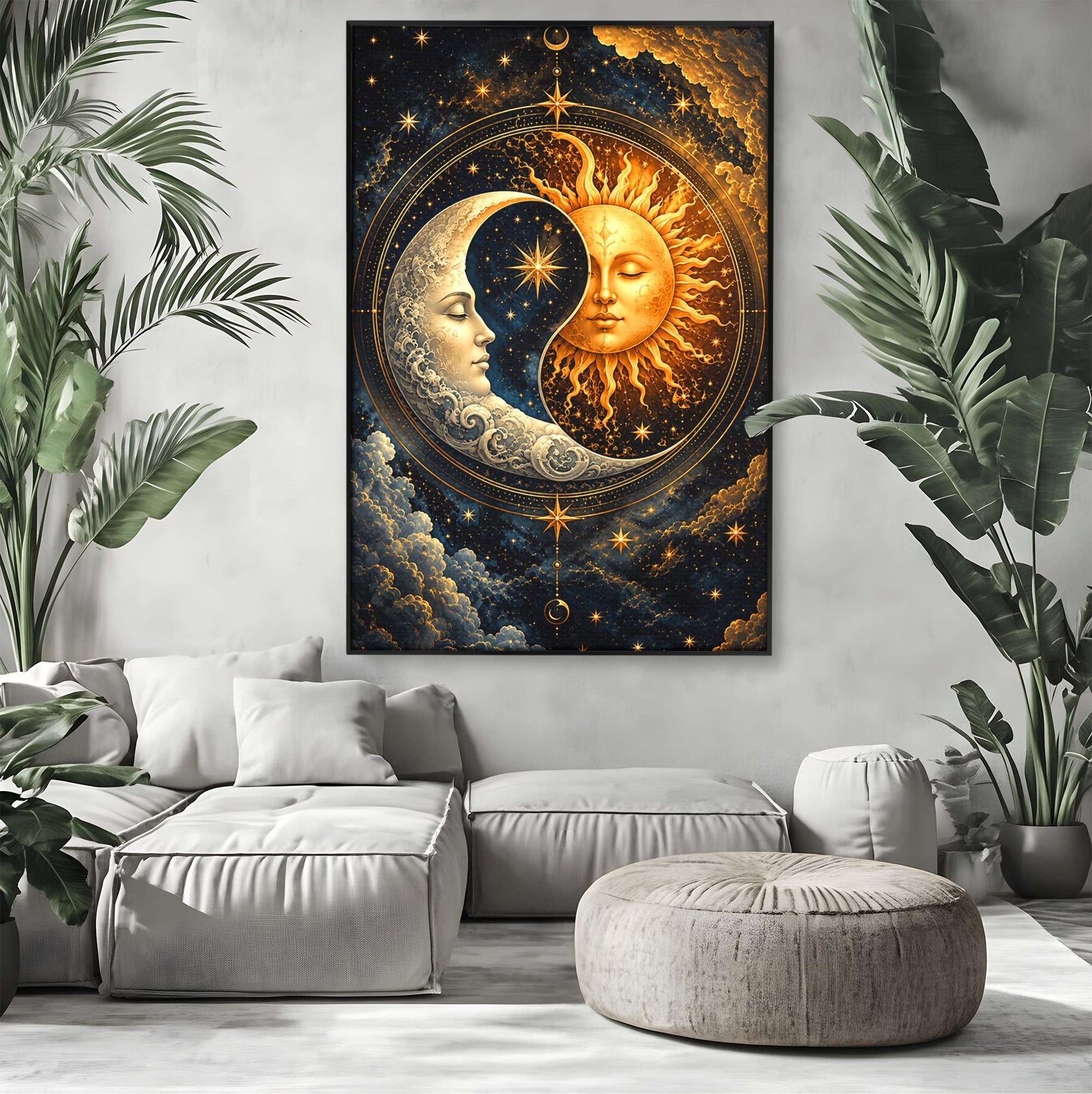 Tablou Canvas Premium LuxCanva® U1197, Dansul Astral, Soare, Luna, Cosmos, Astrologie, Dormitor, Living, Culori Vibrante