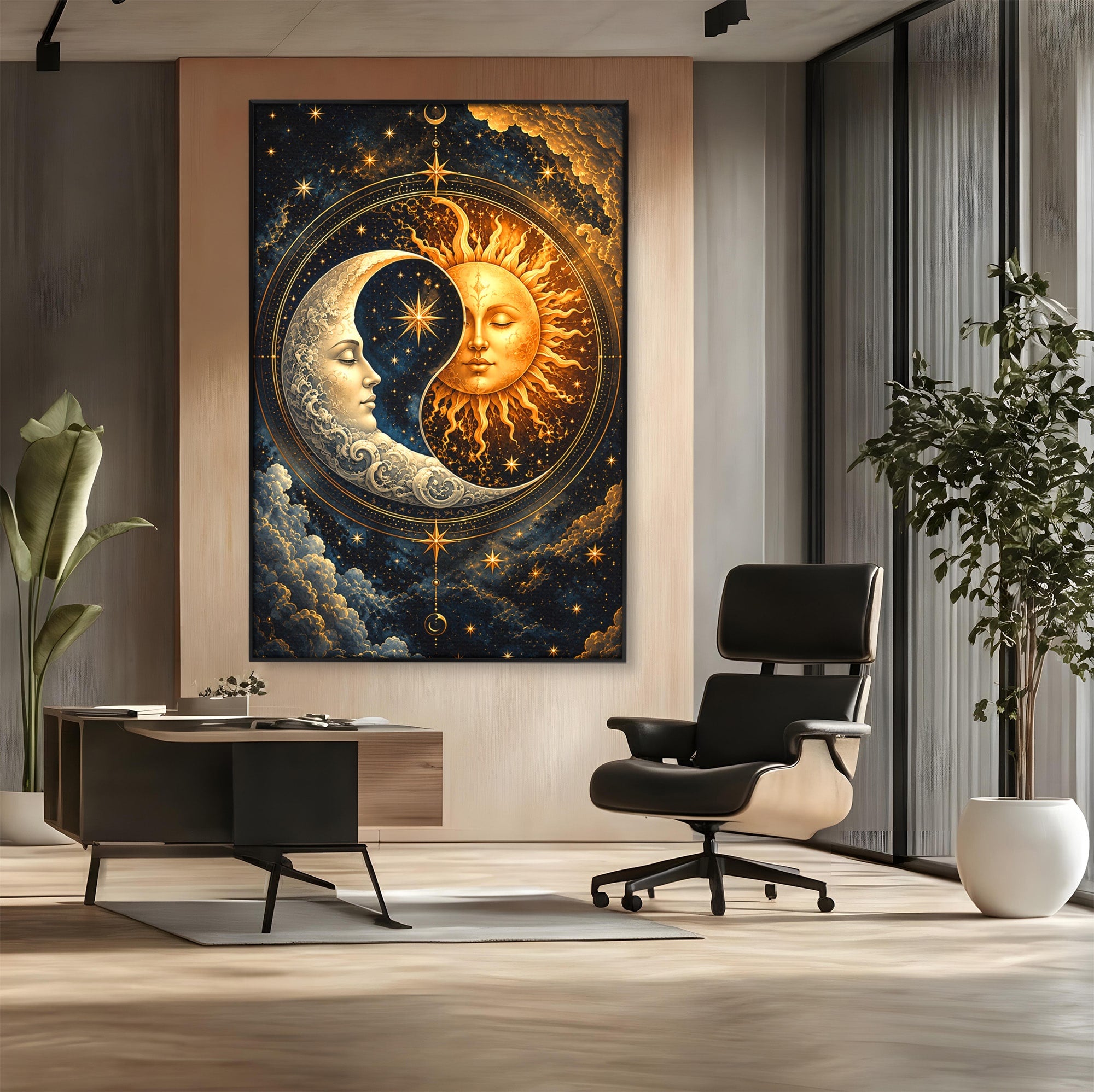 Tablou Canvas Premium LuxCanva® U1197, Dansul Astral, Soare, Luna, Cosmos, Astrologie, Dormitor, Living, Culori Vibrante