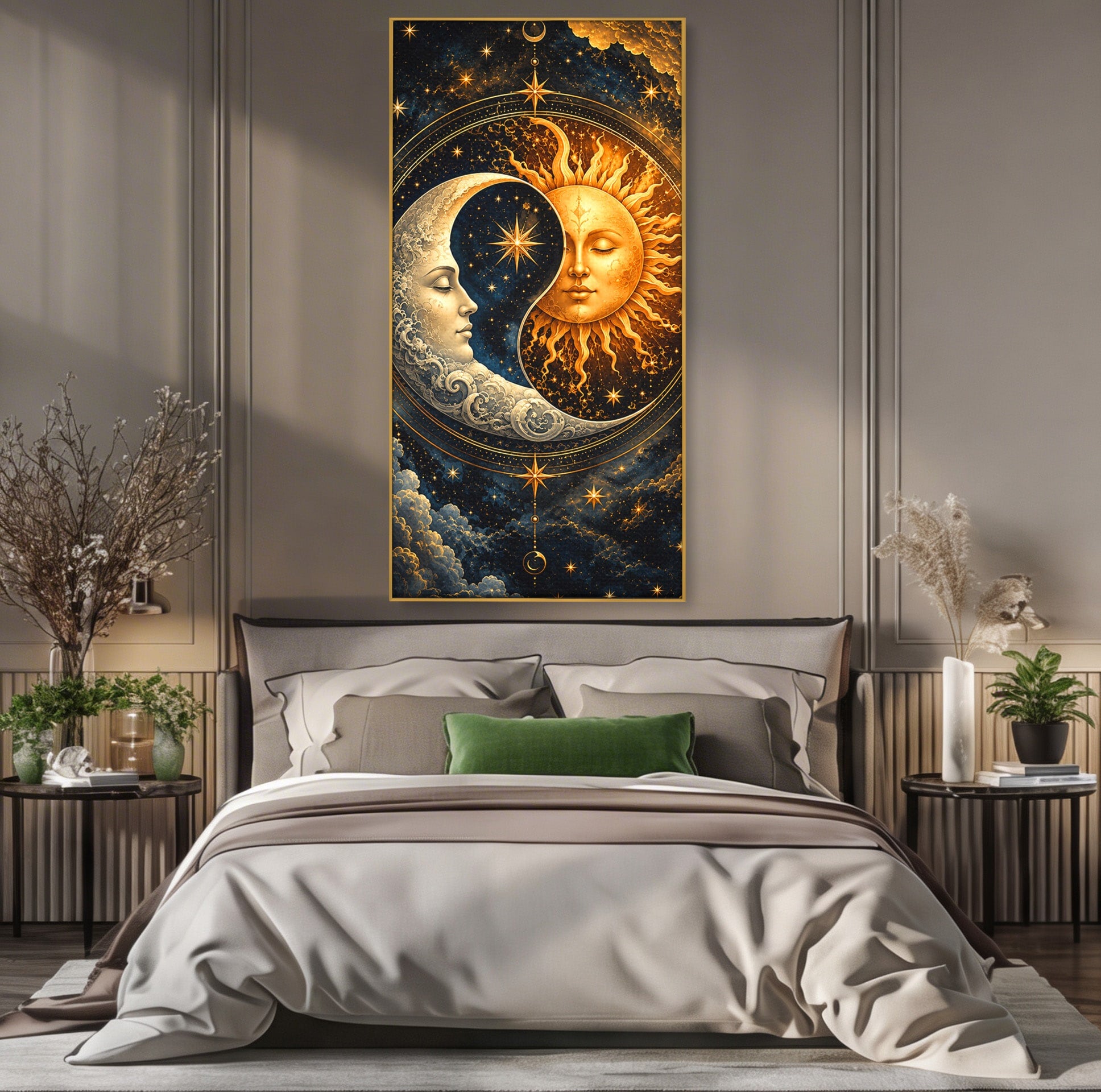 Tablou Canvas Premium LuxCanva® U1197, Dansul Astral, Soare, Luna, Cosmos, Astrologie, Dormitor, Living, Culori Vibrante