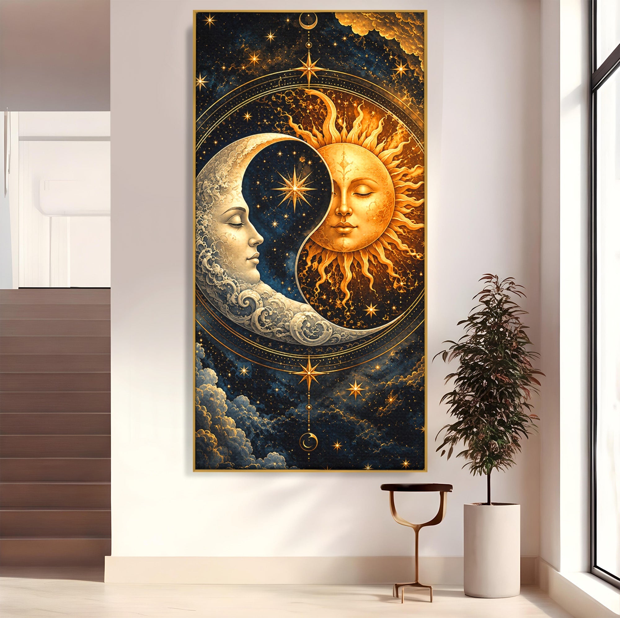 Tablou Canvas Premium LuxCanva® U1197, Dansul Astral, Soare, Luna, Cosmos, Astrologie, Dormitor, Living, Culori Vibrante