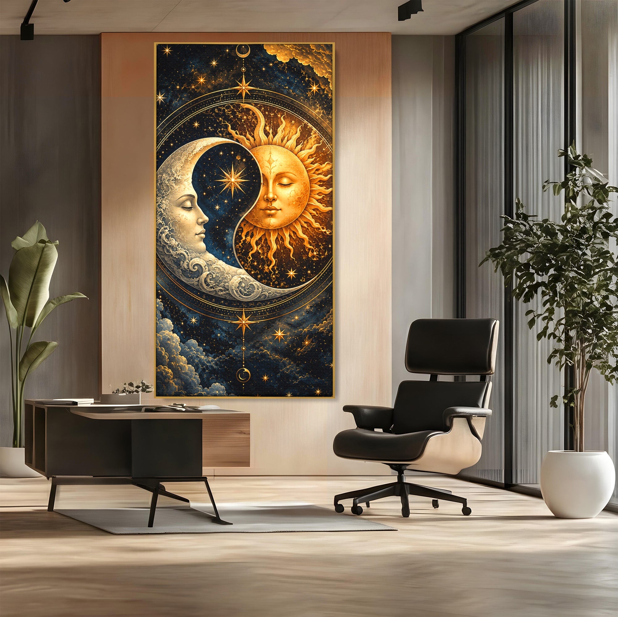 Tablou Canvas Premium LuxCanva® U1197, Dansul Astral, Soare, Luna, Cosmos, Astrologie, Dormitor, Living, Culori Vibrante