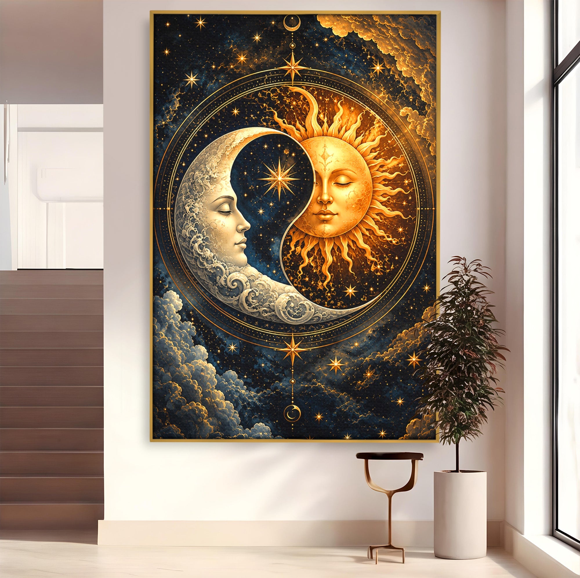 Tablou Canvas Premium LuxCanva® U1197, Dansul Astral, Soare, Luna, Cosmos, Astrologie, Dormitor, Living, Culori Vibrante