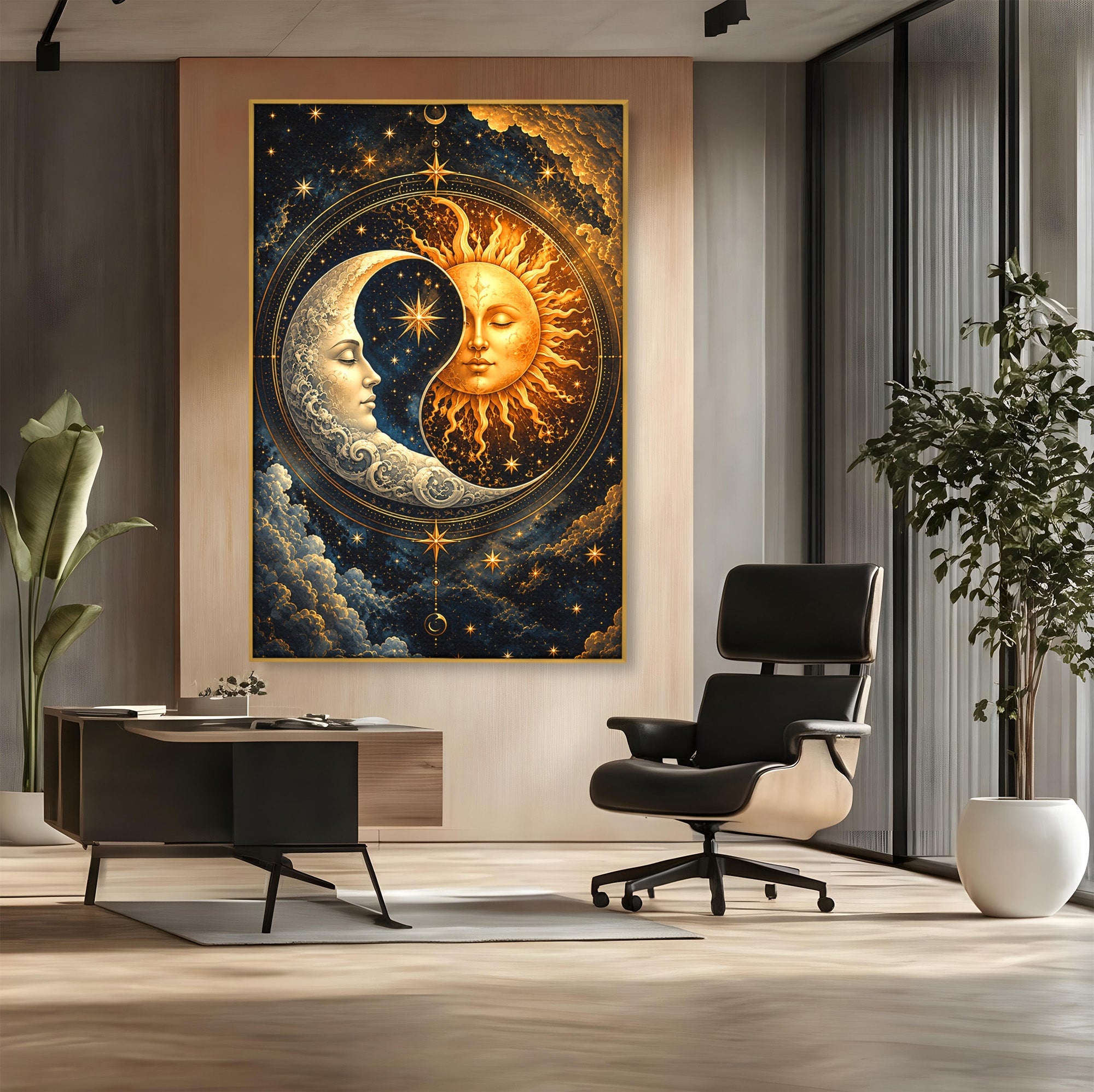 Tablou Canvas Premium LuxCanva® U1197, Dansul Astral, Soare, Luna, Cosmos, Astrologie, Dormitor, Living, Culori Vibrante