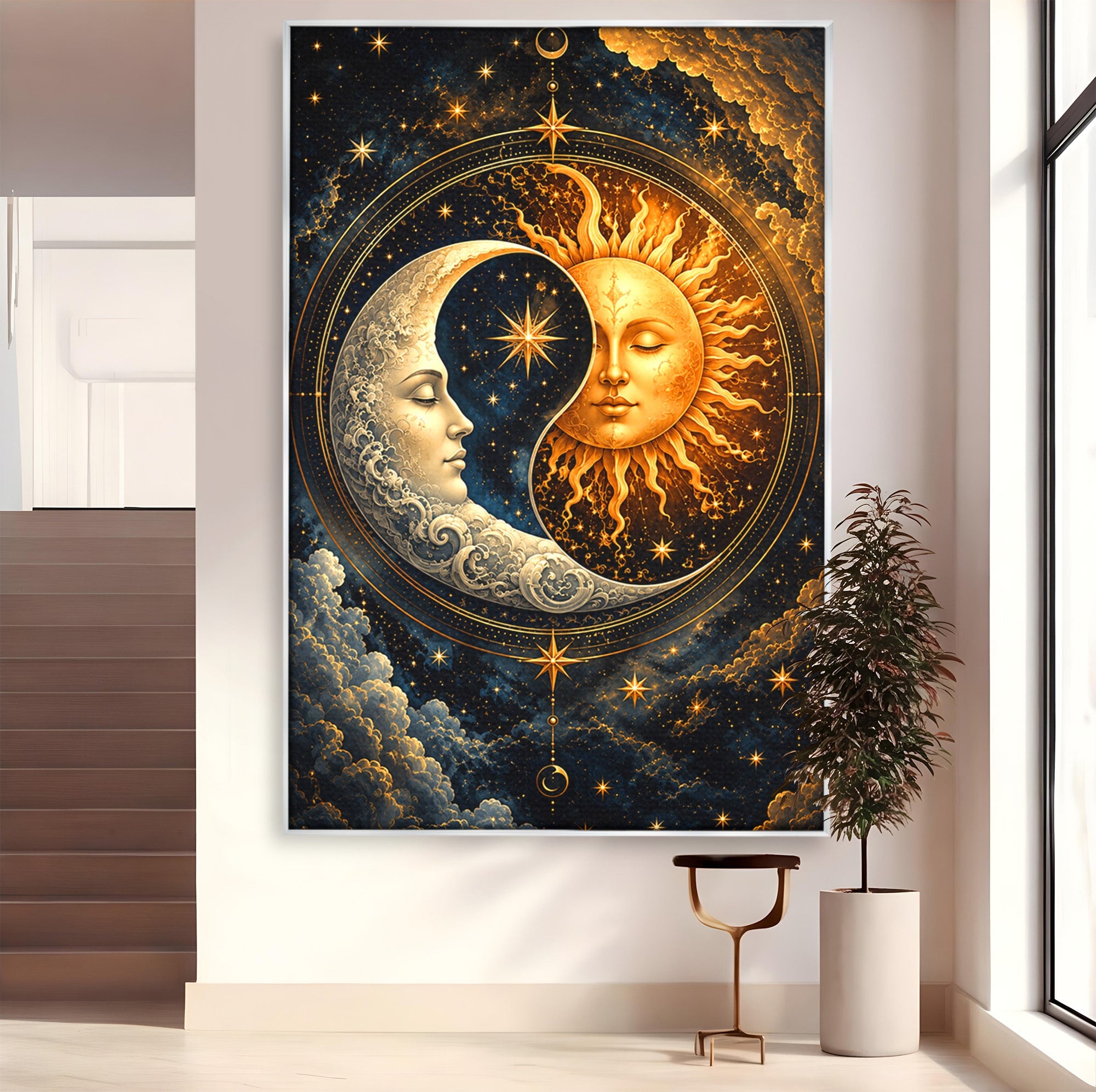 Tablou Canvas Premium LuxCanva® U1197, Dansul Astral, Soare, Luna, Cosmos, Astrologie, Dormitor, Living, Culori Vibrante