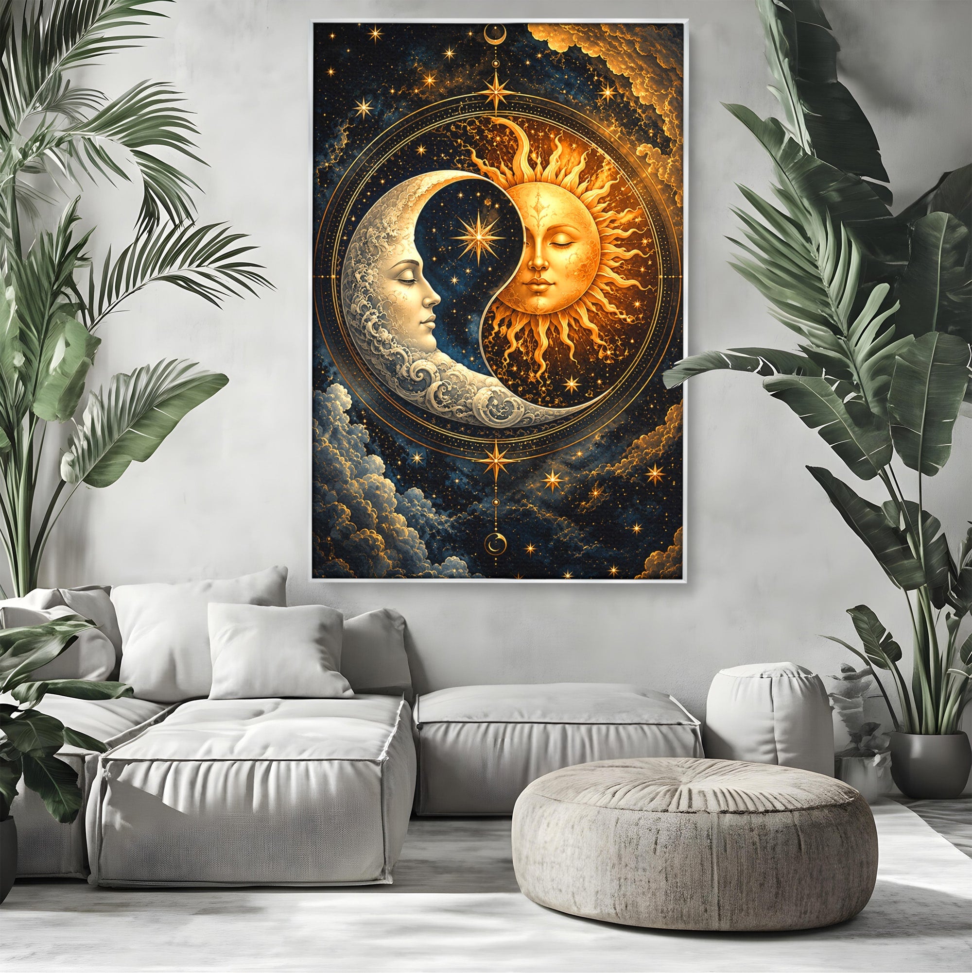 Tablou Canvas Premium LuxCanva® U1197, Dansul Astral, Soare, Luna, Cosmos, Astrologie, Dormitor, Living, Culori Vibrante