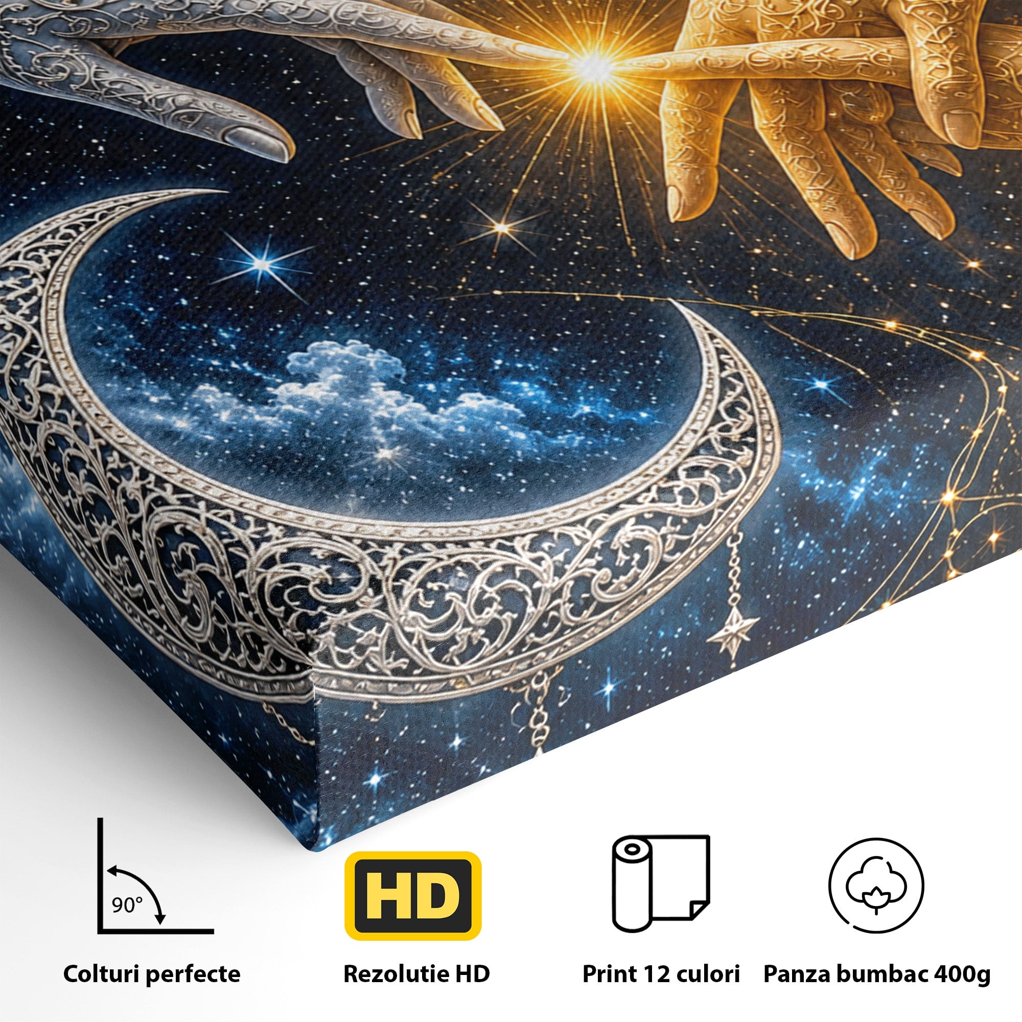 Tablou Canvas Premium LuxCanva® U1198, Atingerea Cosmica, Soare, Luna, Mistic, Univers, Dormitor, Living, Culori Vibrante