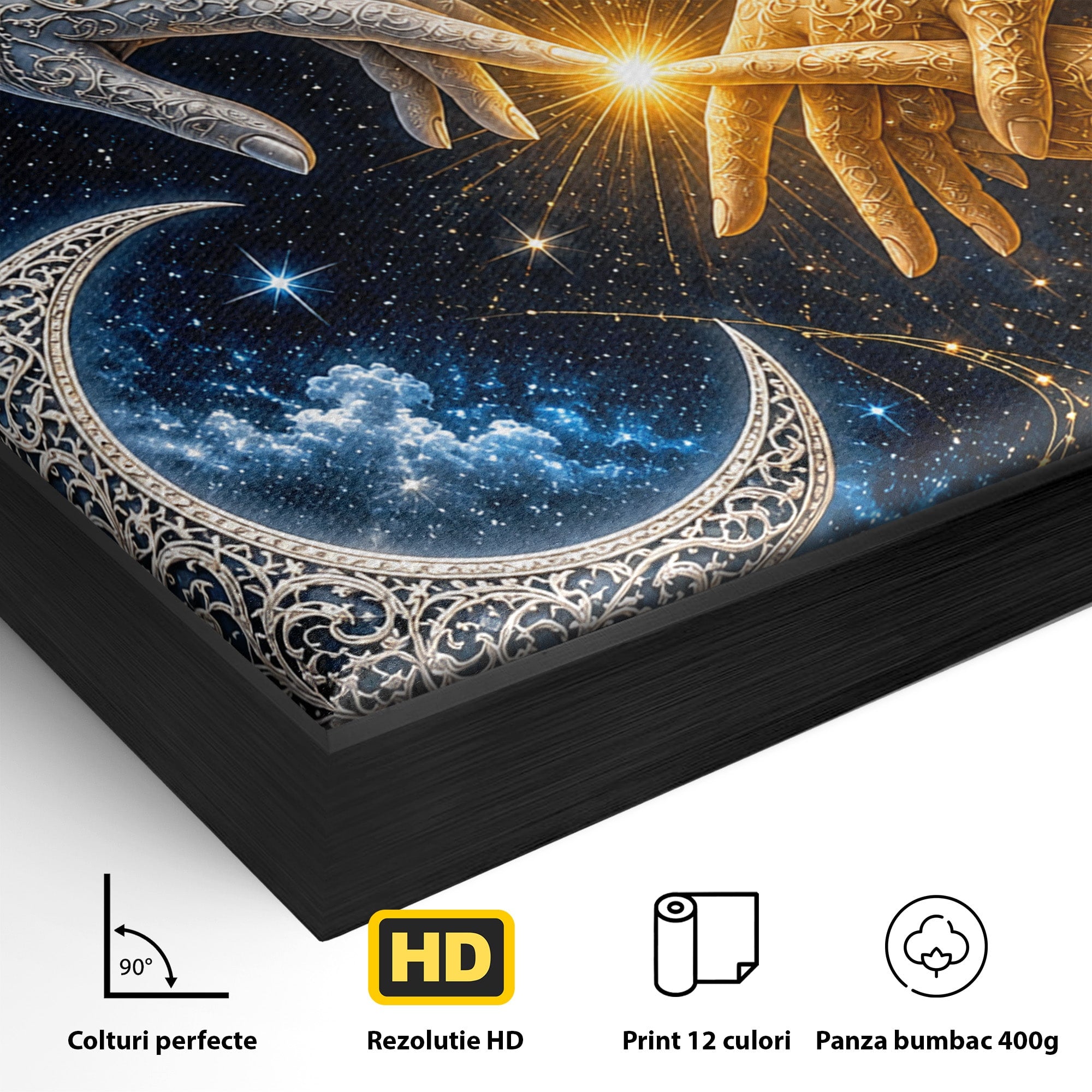 Tablou Canvas Premium LuxCanva® U1198, Atingerea Cosmica, Soare, Luna, Mistic, Univers, Dormitor, Living, Culori Vibrante