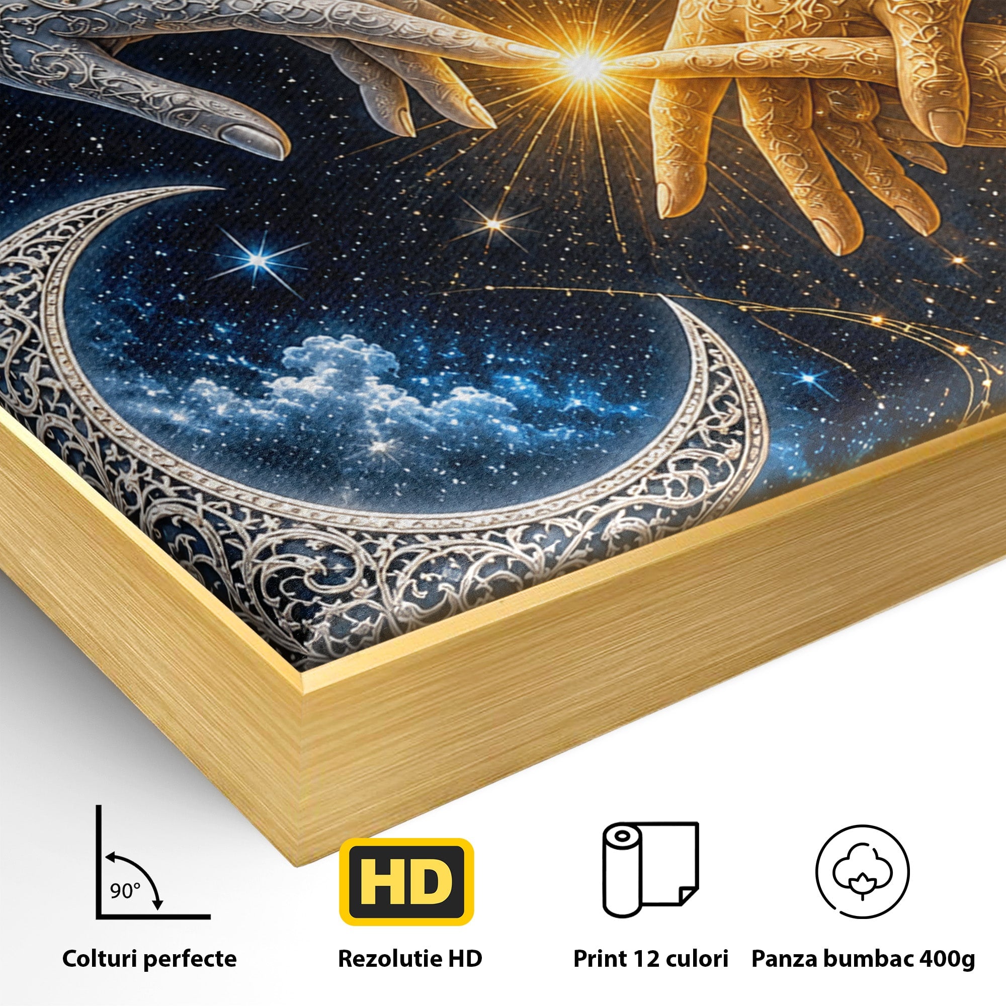 Tablou Canvas Premium LuxCanva® U1198, Atingerea Cosmica, Soare, Luna, Mistic, Univers, Dormitor, Living, Culori Vibrante