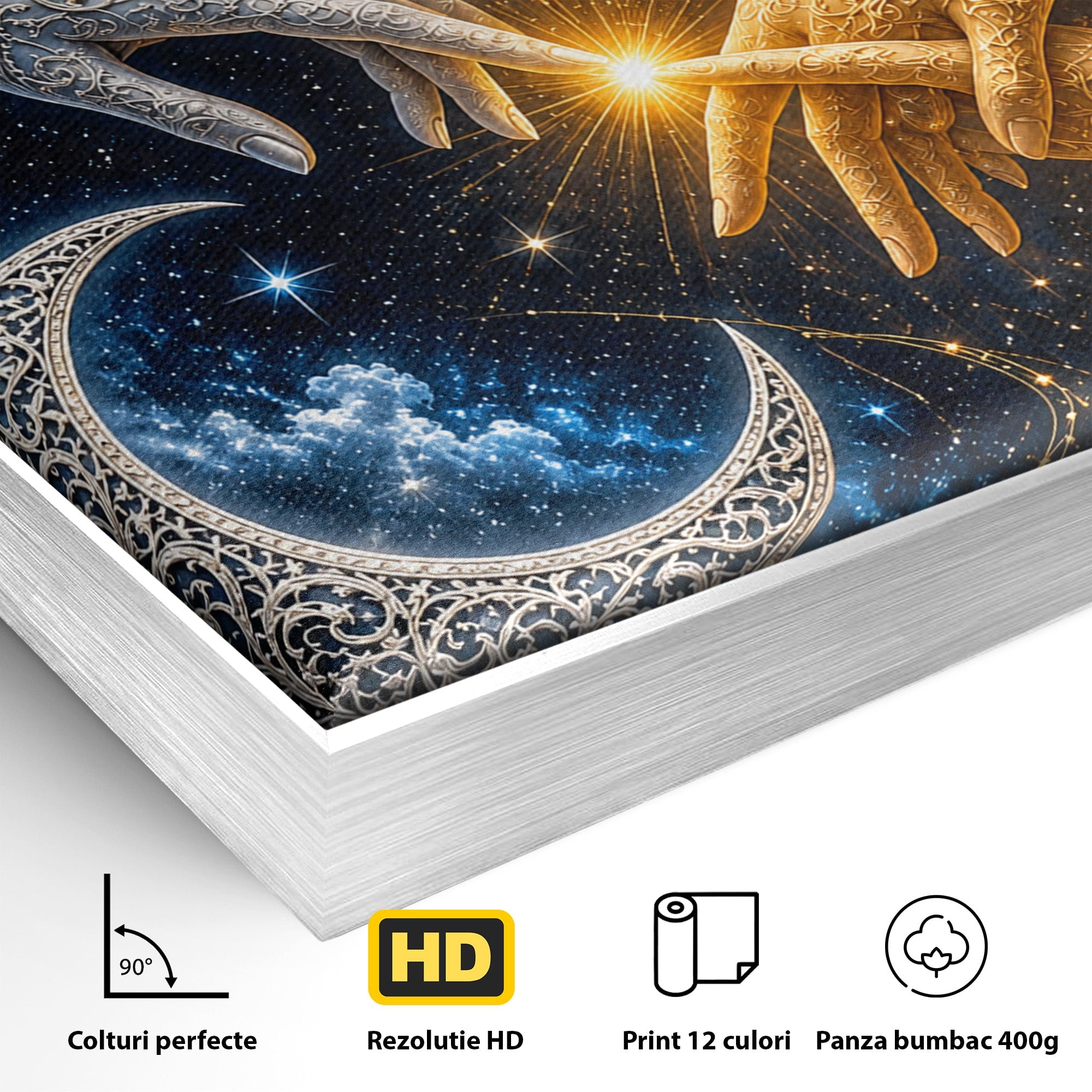 Tablou Canvas Premium LuxCanva® U1198, Atingerea Cosmica, Soare, Luna, Mistic, Univers, Dormitor, Living, Culori Vibrante