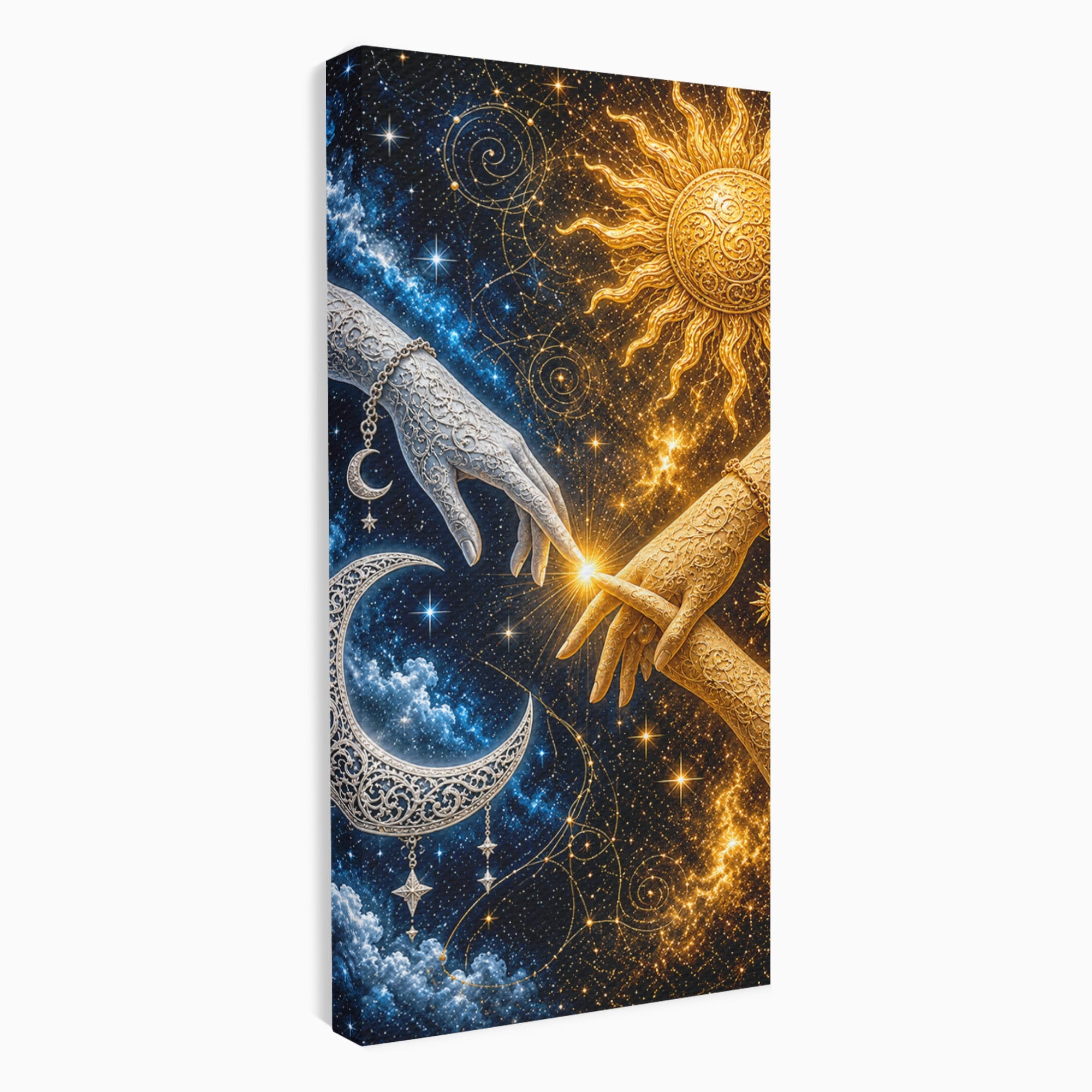 Tablou Canvas Premium LuxCanva® U1198, Atingerea Cosmica, Soare, Luna, Mistic, Univers, Dormitor, Living, Culori Vibrante