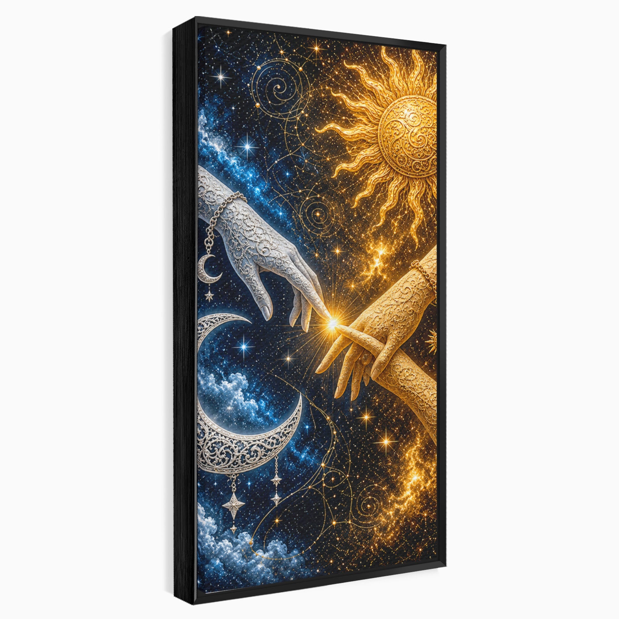 Tablou Canvas Premium LuxCanva® U1198, Atingerea Cosmica, Soare, Luna, Mistic, Univers, Dormitor, Living, Culori Vibrante