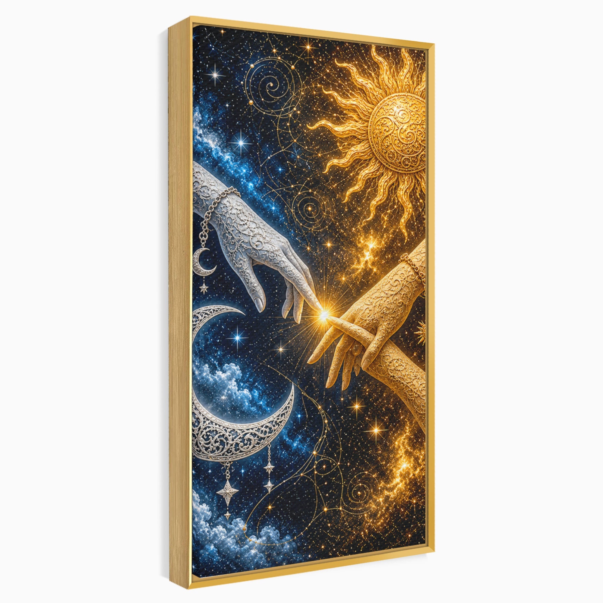 Tablou Canvas Premium LuxCanva® U1198, Atingerea Cosmica, Soare, Luna, Mistic, Univers, Dormitor, Living, Culori Vibrante