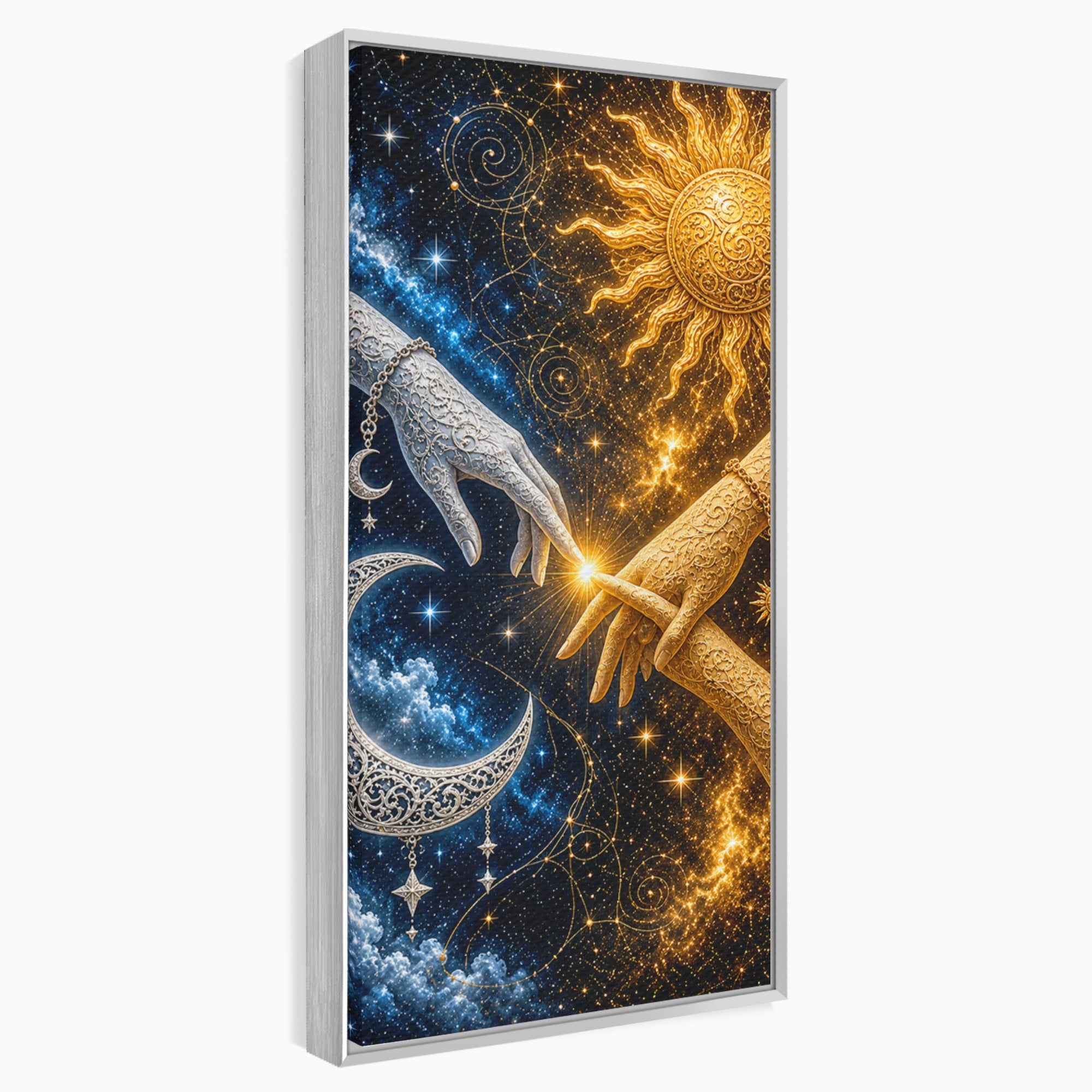 Tablou Canvas Premium LuxCanva® U1198, Atingerea Cosmica, Soare, Luna, Mistic, Univers, Dormitor, Living, Culori Vibrante