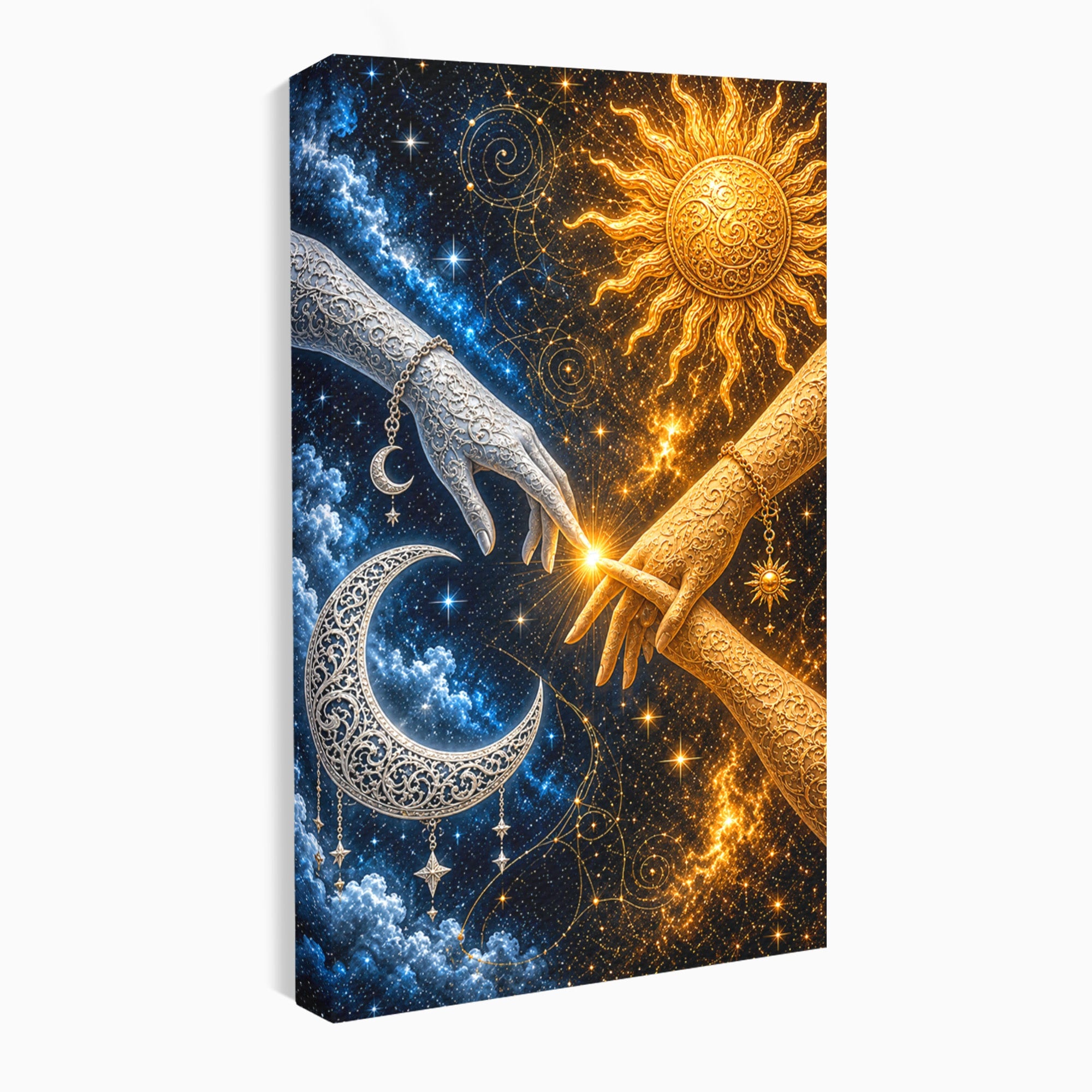 Tablou Canvas Premium LuxCanva® U1198, Atingerea Cosmica, Soare, Luna, Mistic, Univers, Dormitor, Living, Culori Vibrante