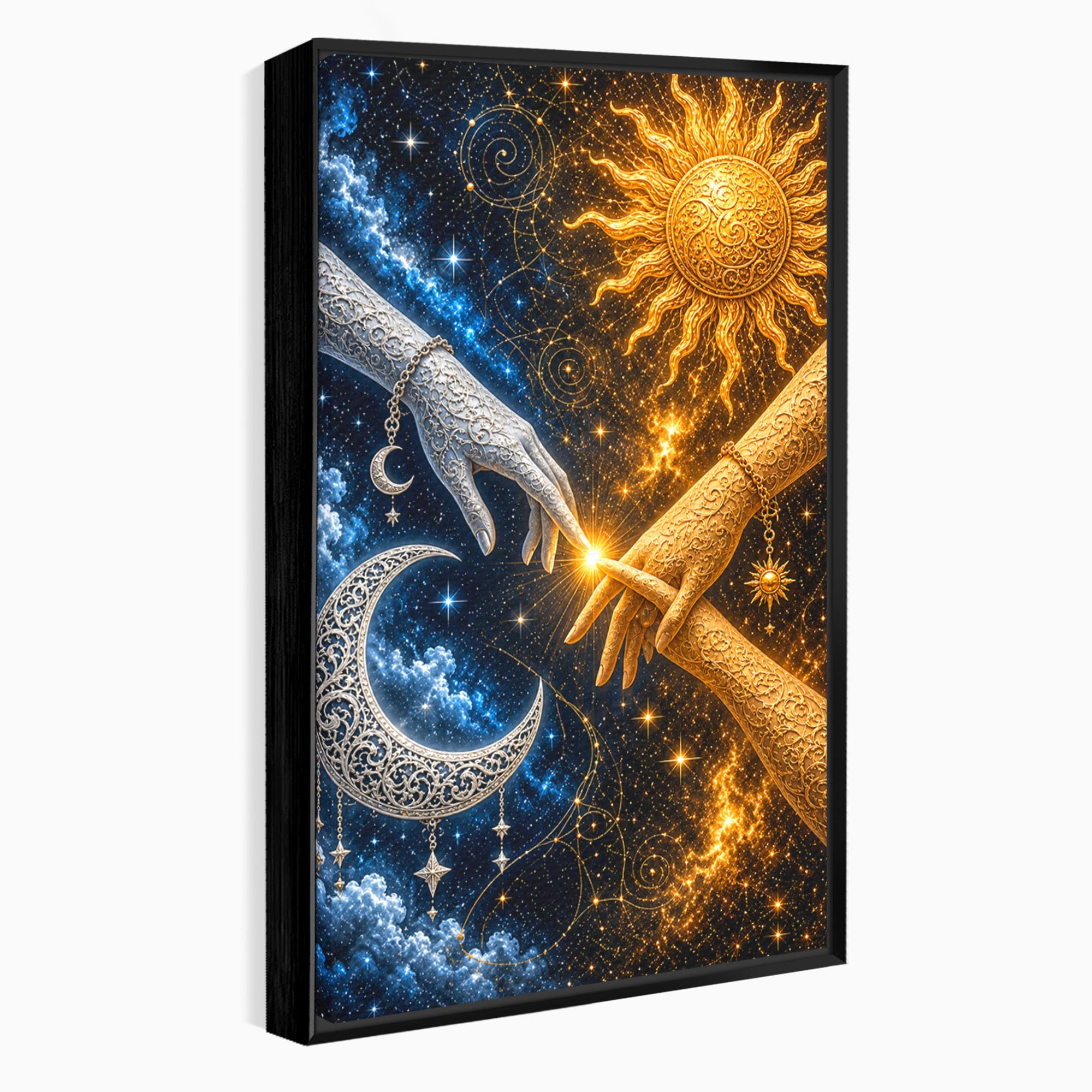 Tablou Canvas Premium LuxCanva® U1198, Atingerea Cosmica, Soare, Luna, Mistic, Univers, Dormitor, Living, Culori Vibrante