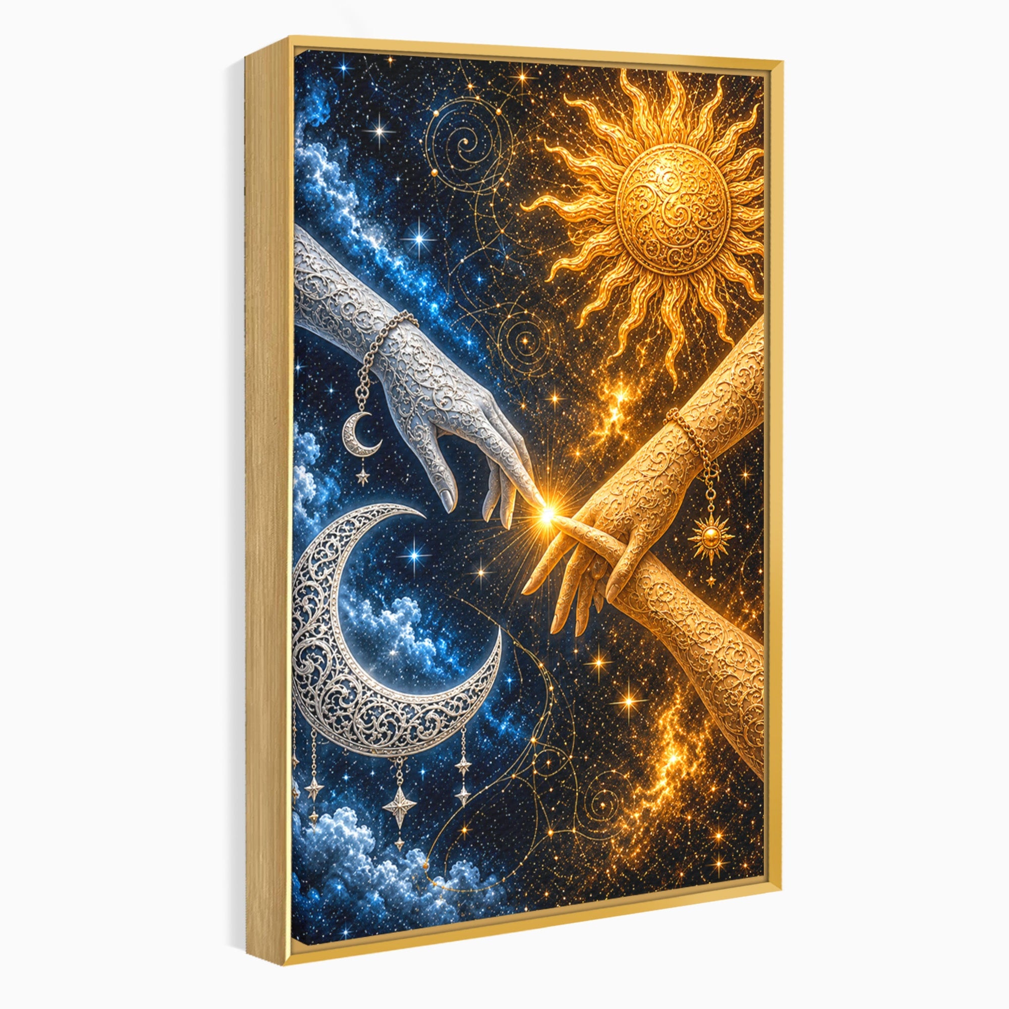 Tablou Canvas Premium LuxCanva® U1198, Atingerea Cosmica, Soare, Luna, Mistic, Univers, Dormitor, Living, Culori Vibrante