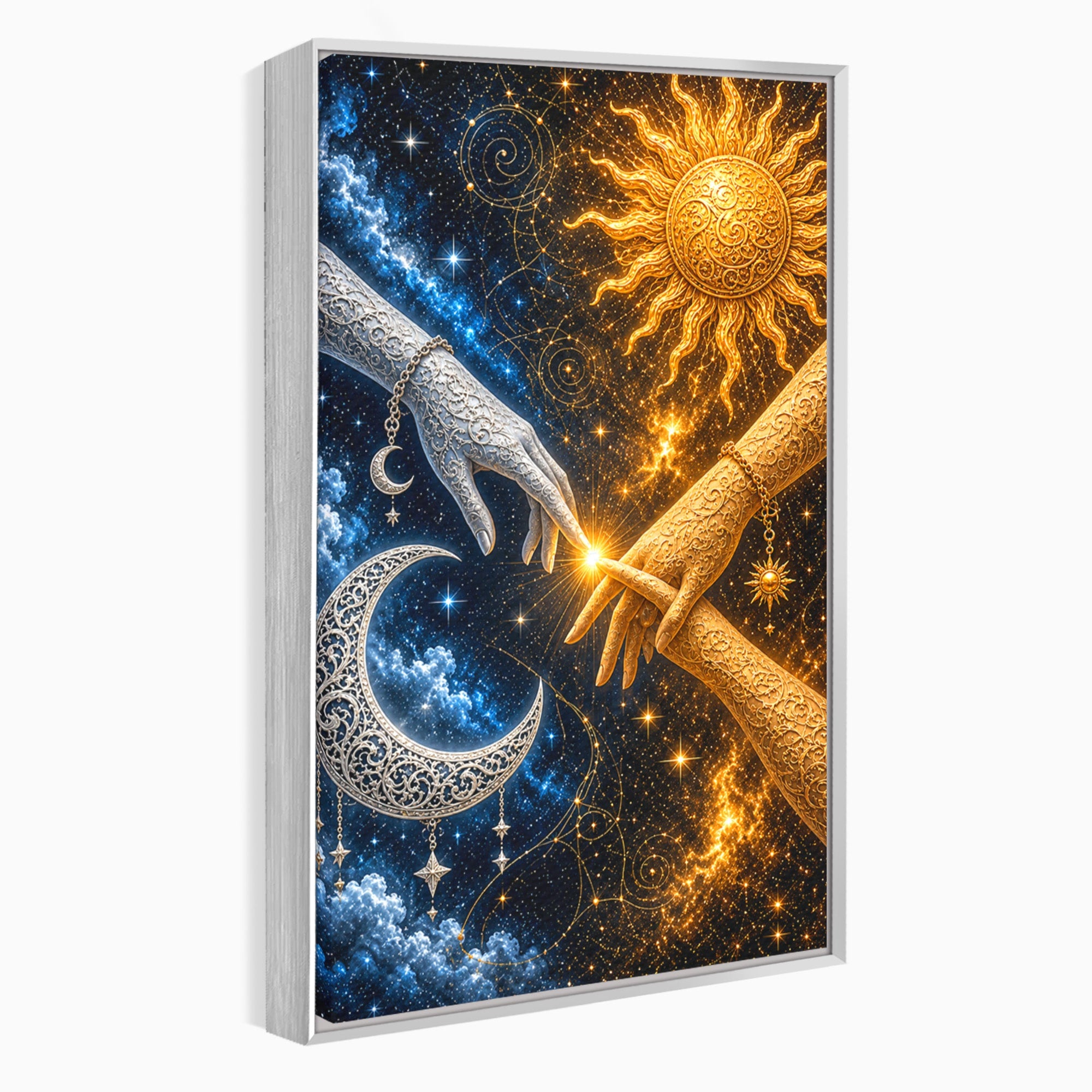 Tablou Canvas Premium LuxCanva® U1198, Atingerea Cosmica, Soare, Luna, Mistic, Univers, Dormitor, Living, Culori Vibrante