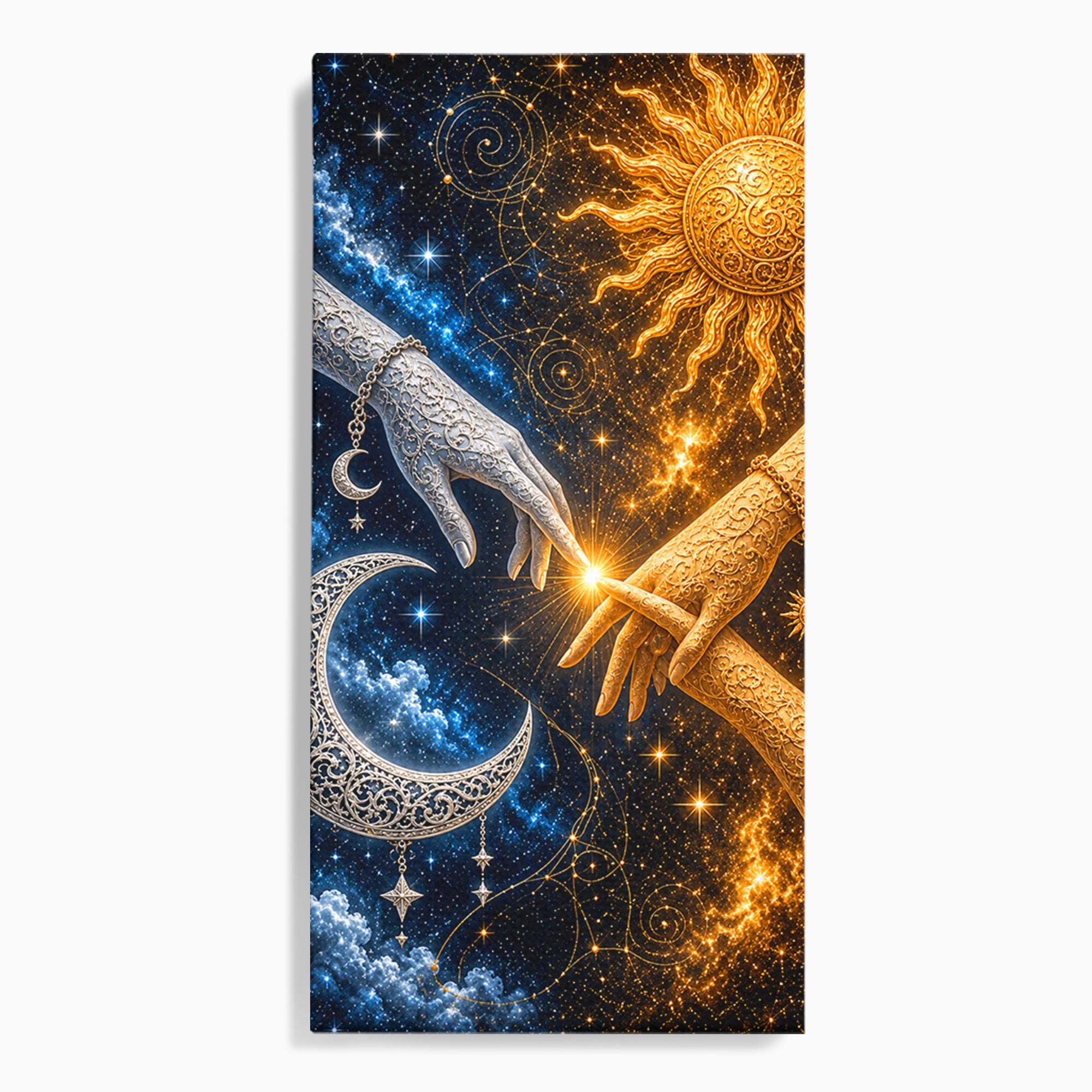 Tablou Canvas Premium LuxCanva® U1198, Atingerea Cosmica, Soare, Luna, Mistic, Univers, Dormitor, Living, Culori Vibrante