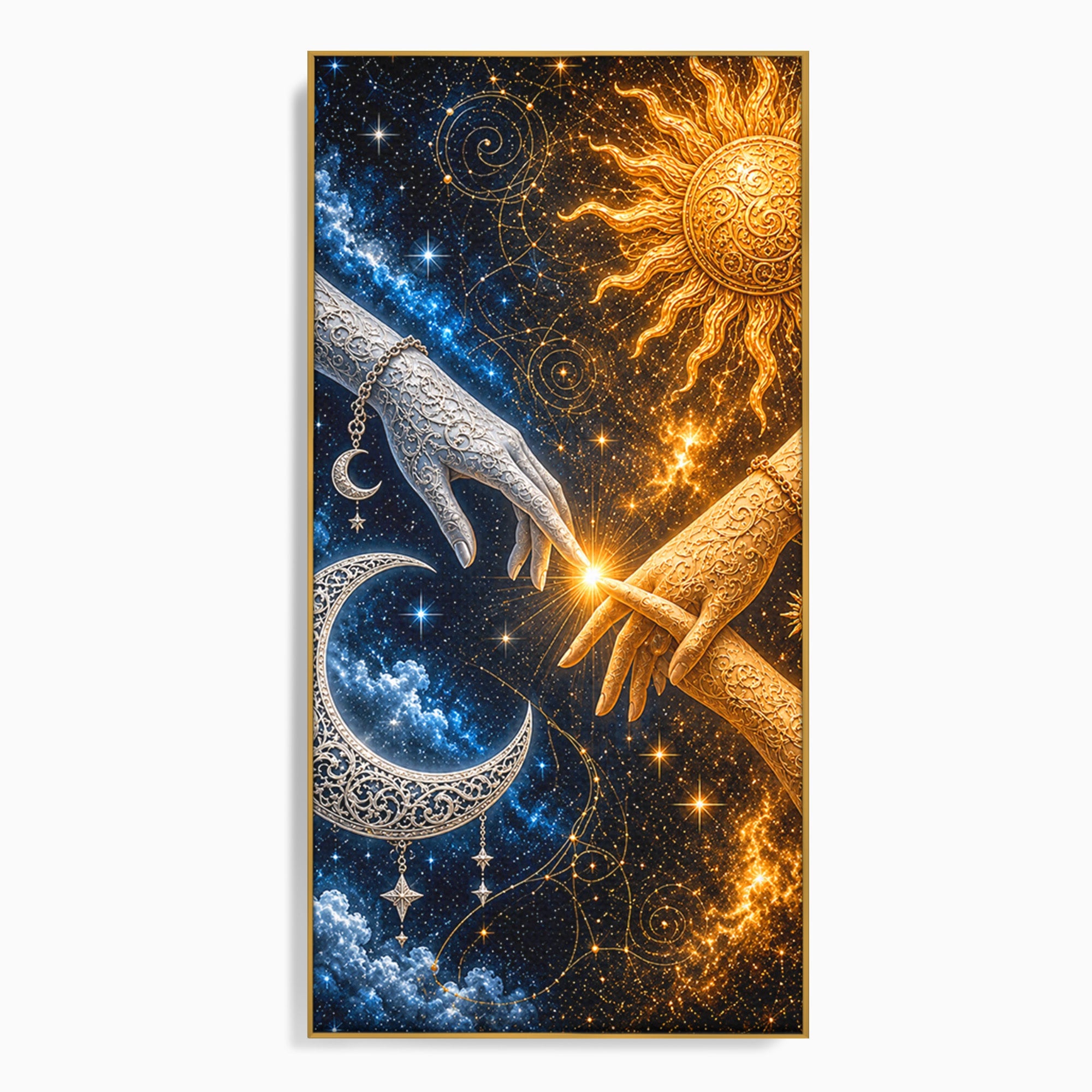 Tablou Canvas Premium LuxCanva® U1198, Atingerea Cosmica, Soare, Luna, Mistic, Univers, Dormitor, Living, Culori Vibrante